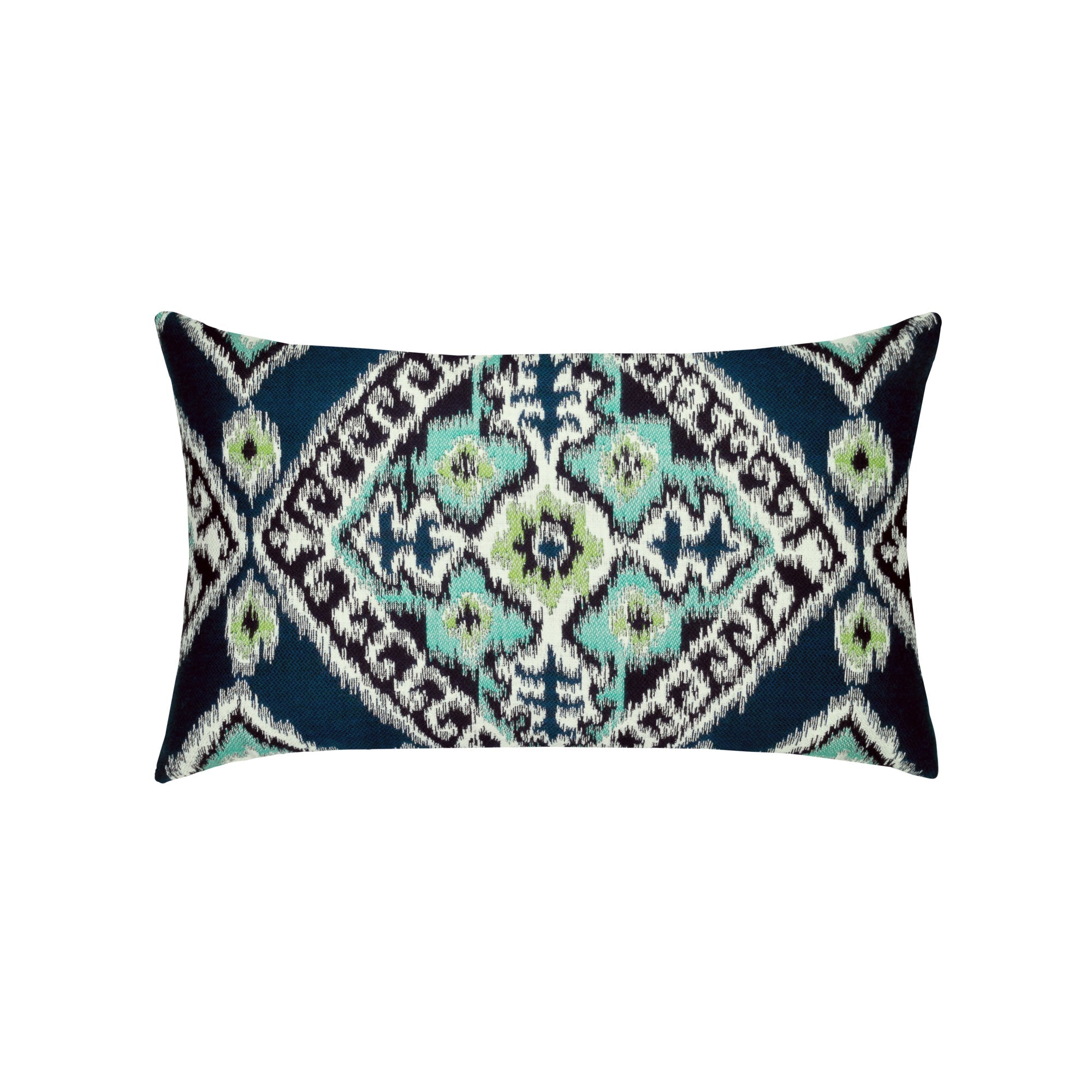 Aquamarine and navy ikat patterned outdoor pillow lumbar size for contemporary patio decor