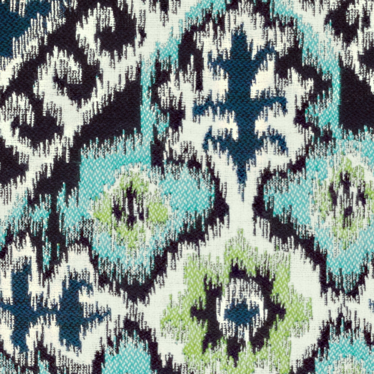 Detail image of Aquamarine and navy ikat patterned outdoor pillow double sided lumbar size for transitional patio decor