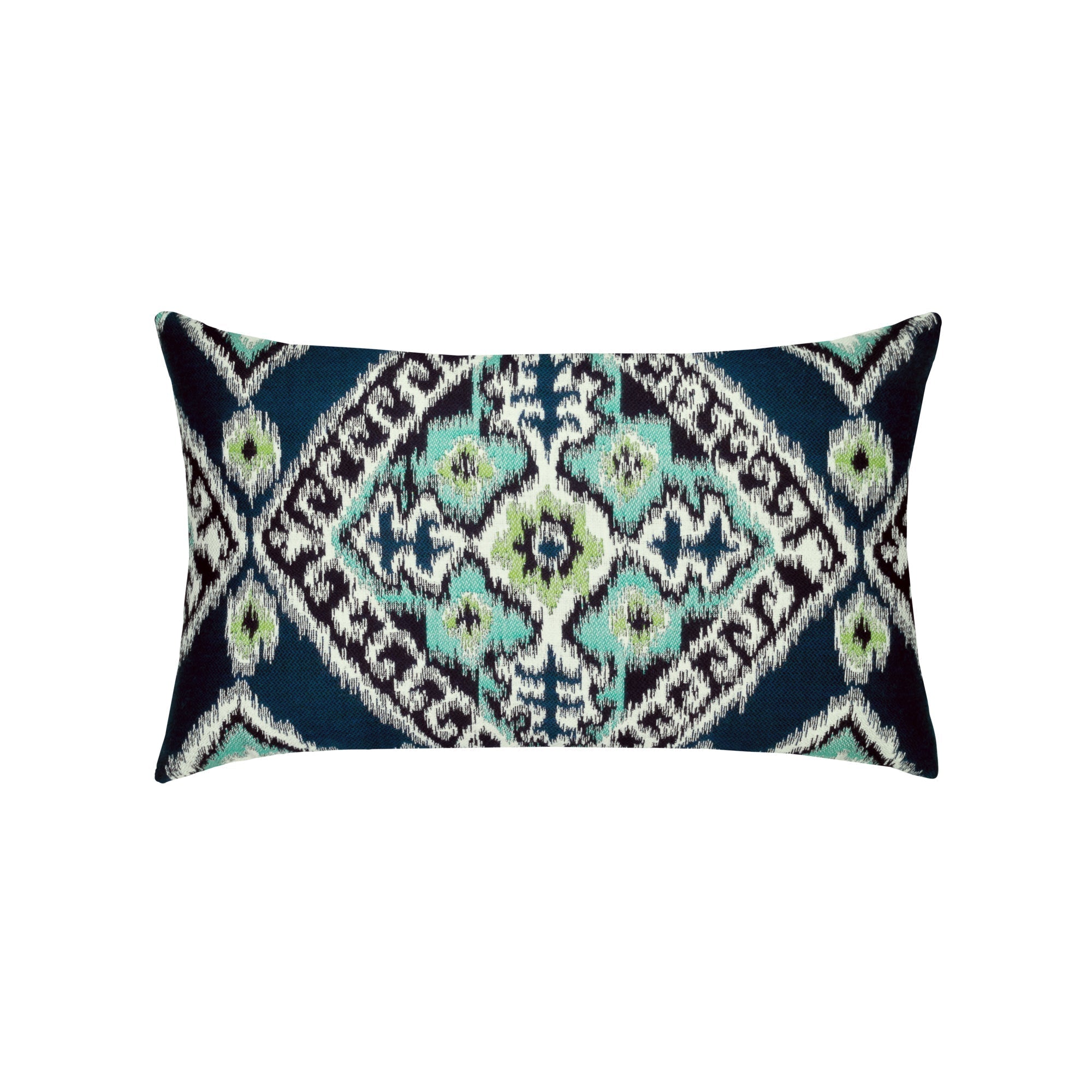 Aquamarine and navy ikat patterned outdoor pillow double sided lumbar size for transitional patio decor