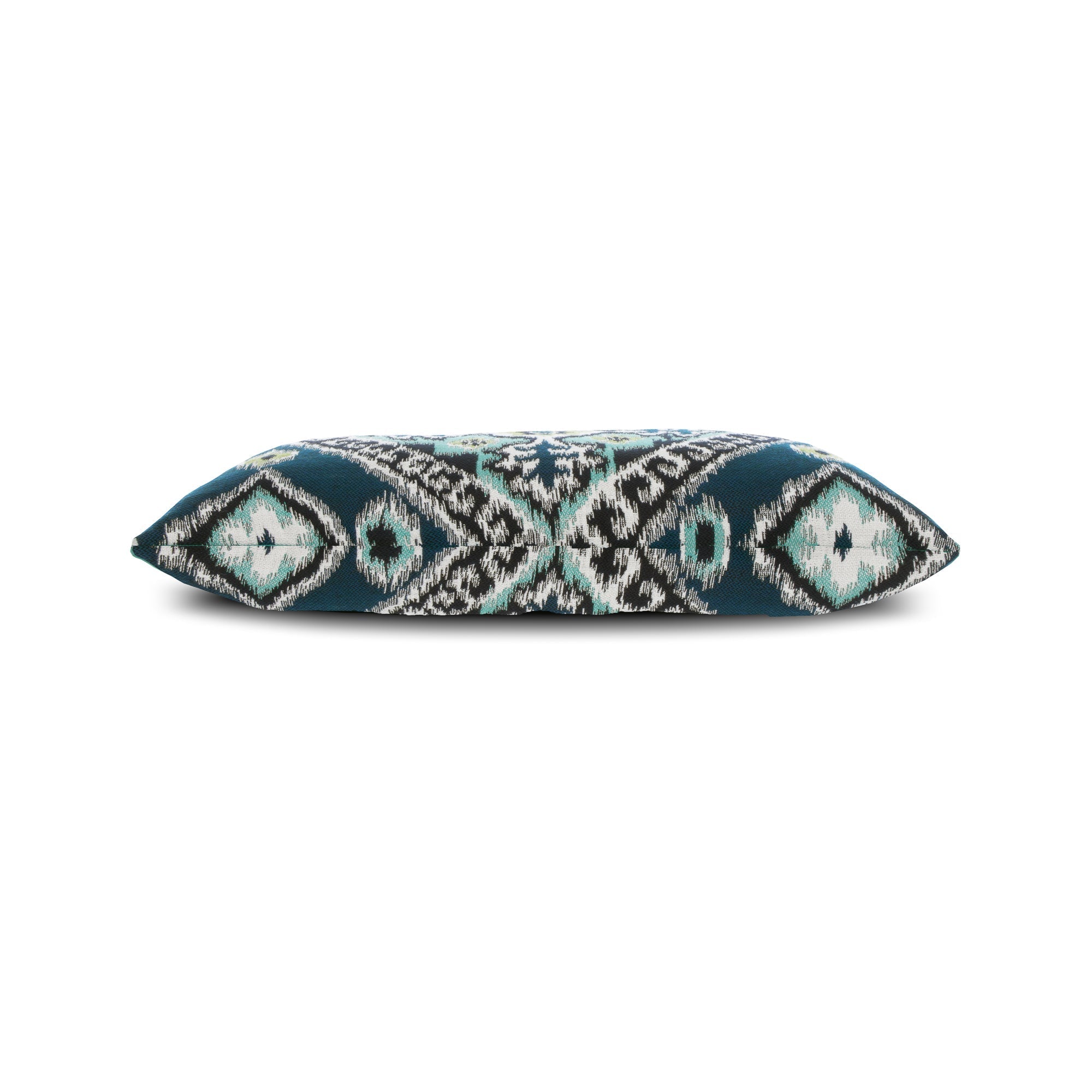 Side image of Aquamarine and navy ikat patterned outdoor pillow double sided lumbar size for transitional patio decor