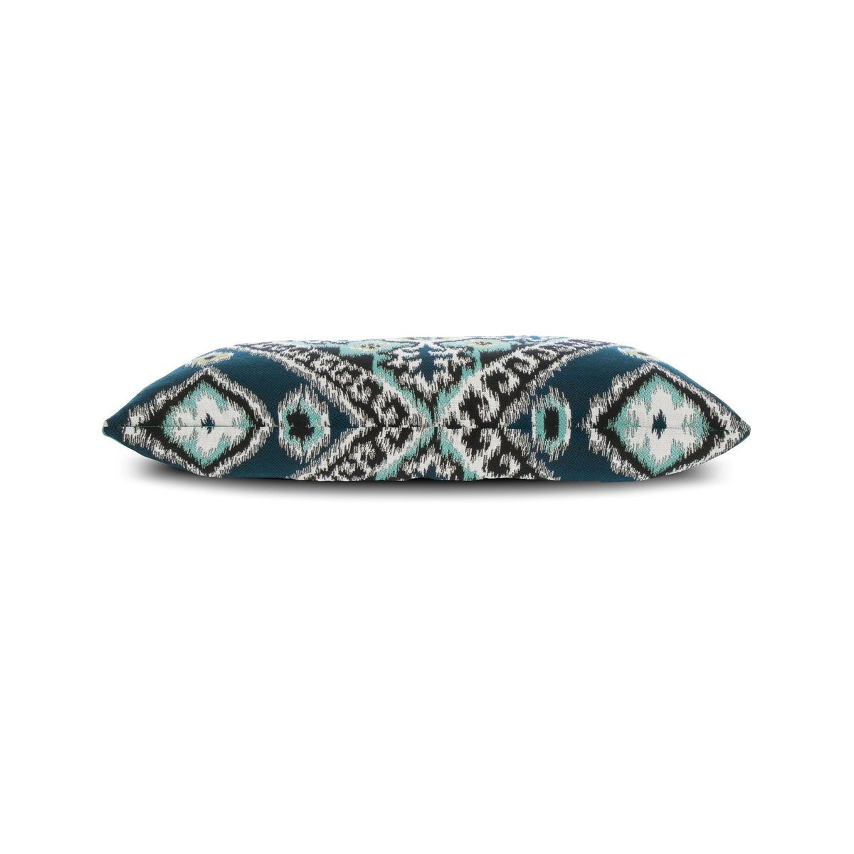 Side image of Aquamarine and navy ikat patterned outdoor pillow double sided lumbar size for transitional patio decor