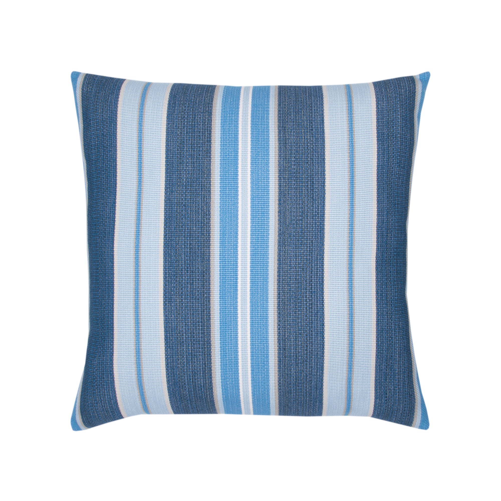 Pillow made from Striped outdoor safe woven fabric in lake blue and navy tones