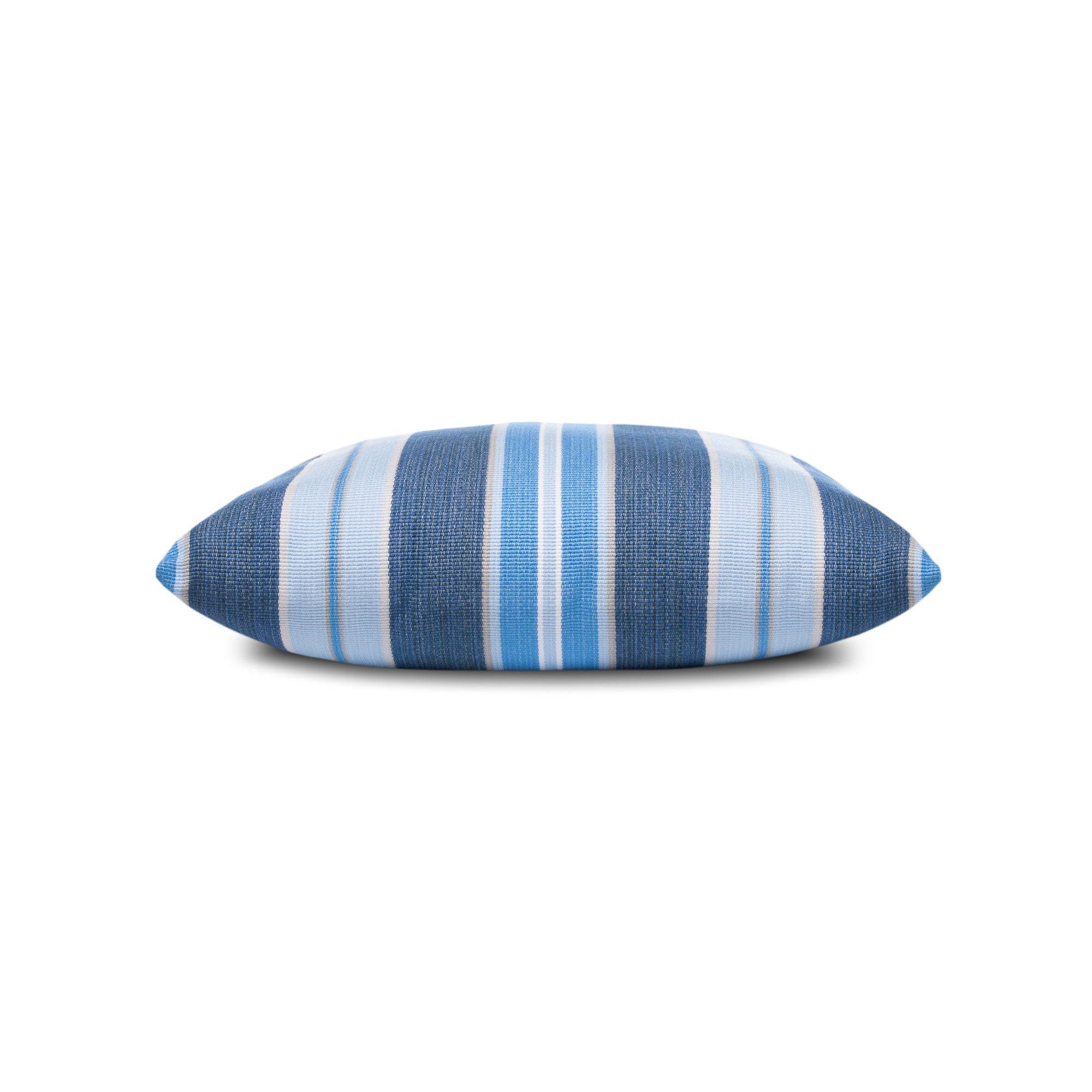 Side image of Navy outdoor pillow with stripe pattern square size for nautical patio decor