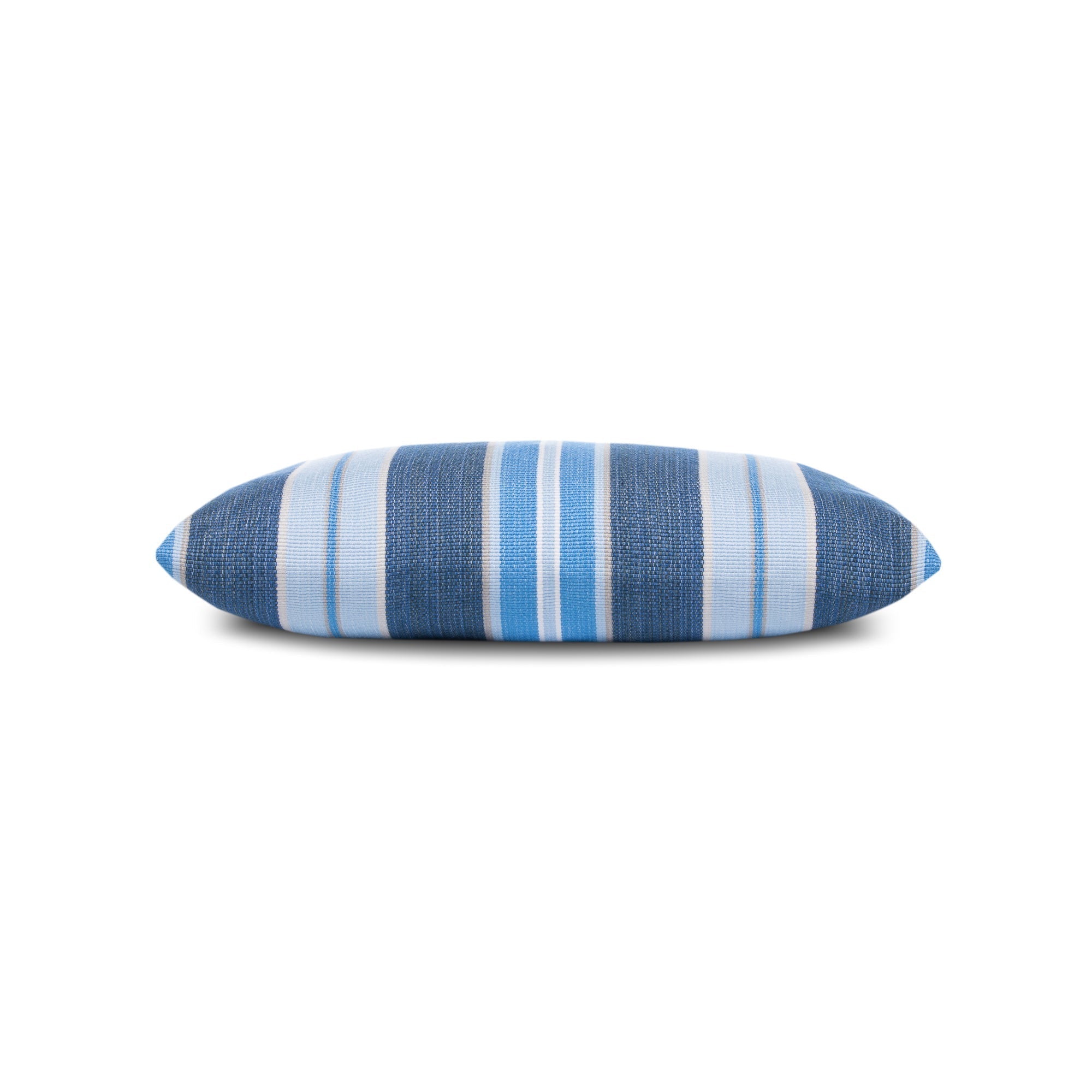 Side image of Blue outdoor pillow with stripe pattern square size for coastal patio decor