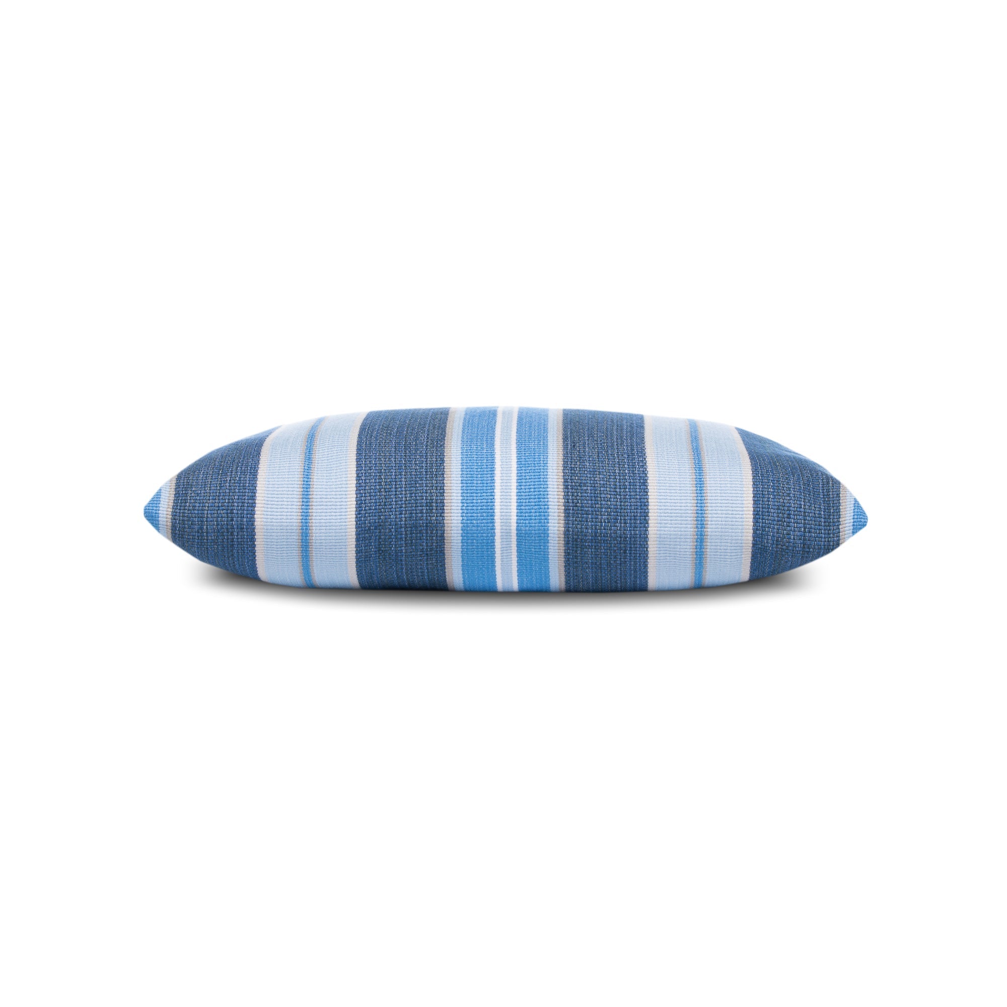 Side image of Blue outdoor pillow with stripe pattern square size for coastal patio decor