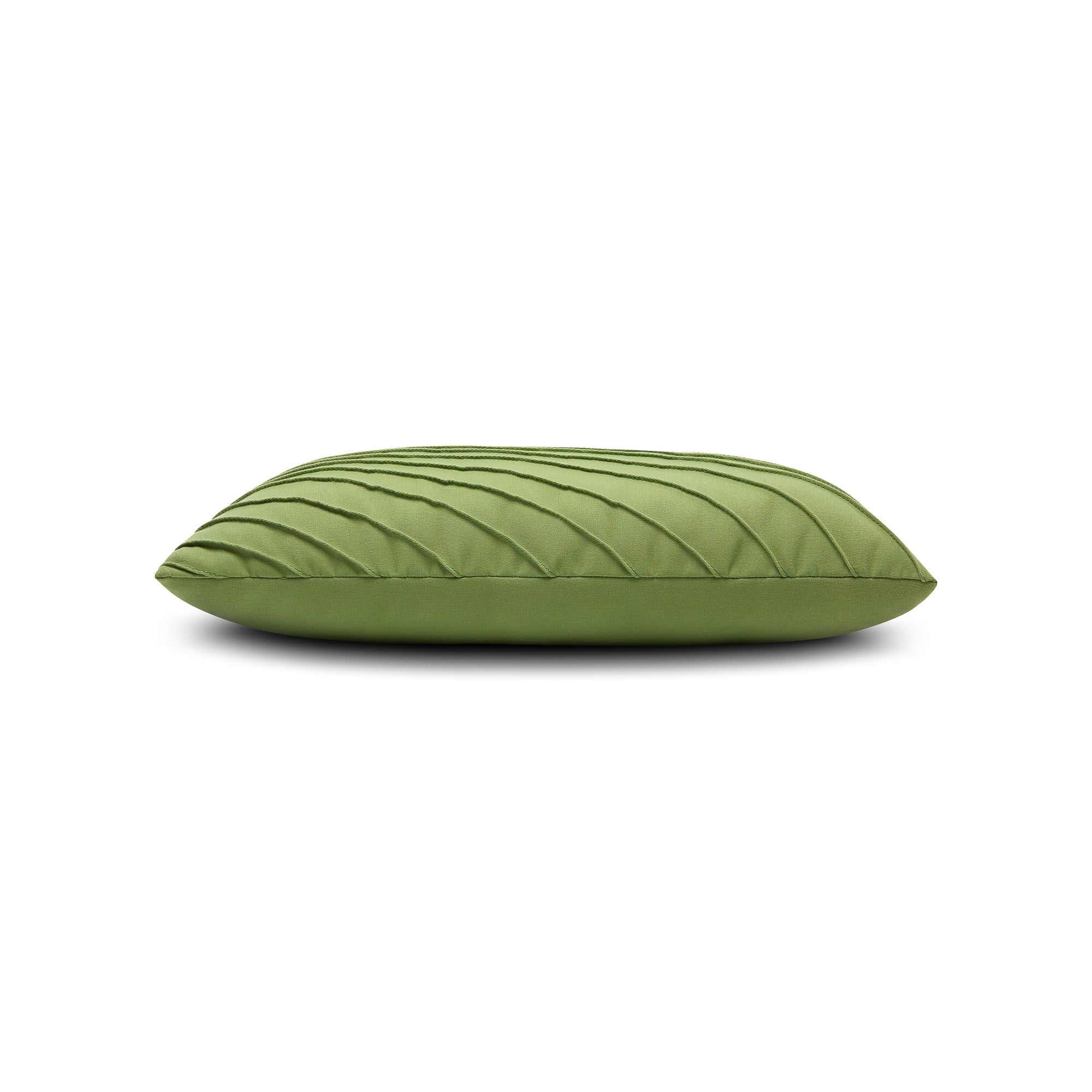 Side image of Green textured pillow lumbar size for earthy indoor and outdoor decor