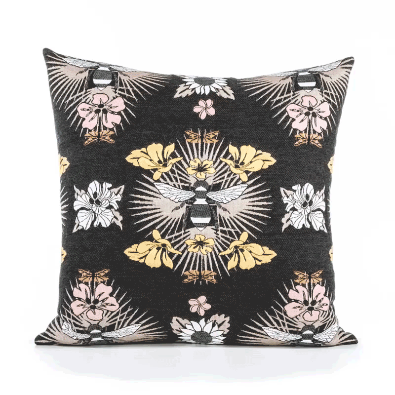 360 video of Black outdoor pillow with botanical bee pattern square size for dramatic patio decor