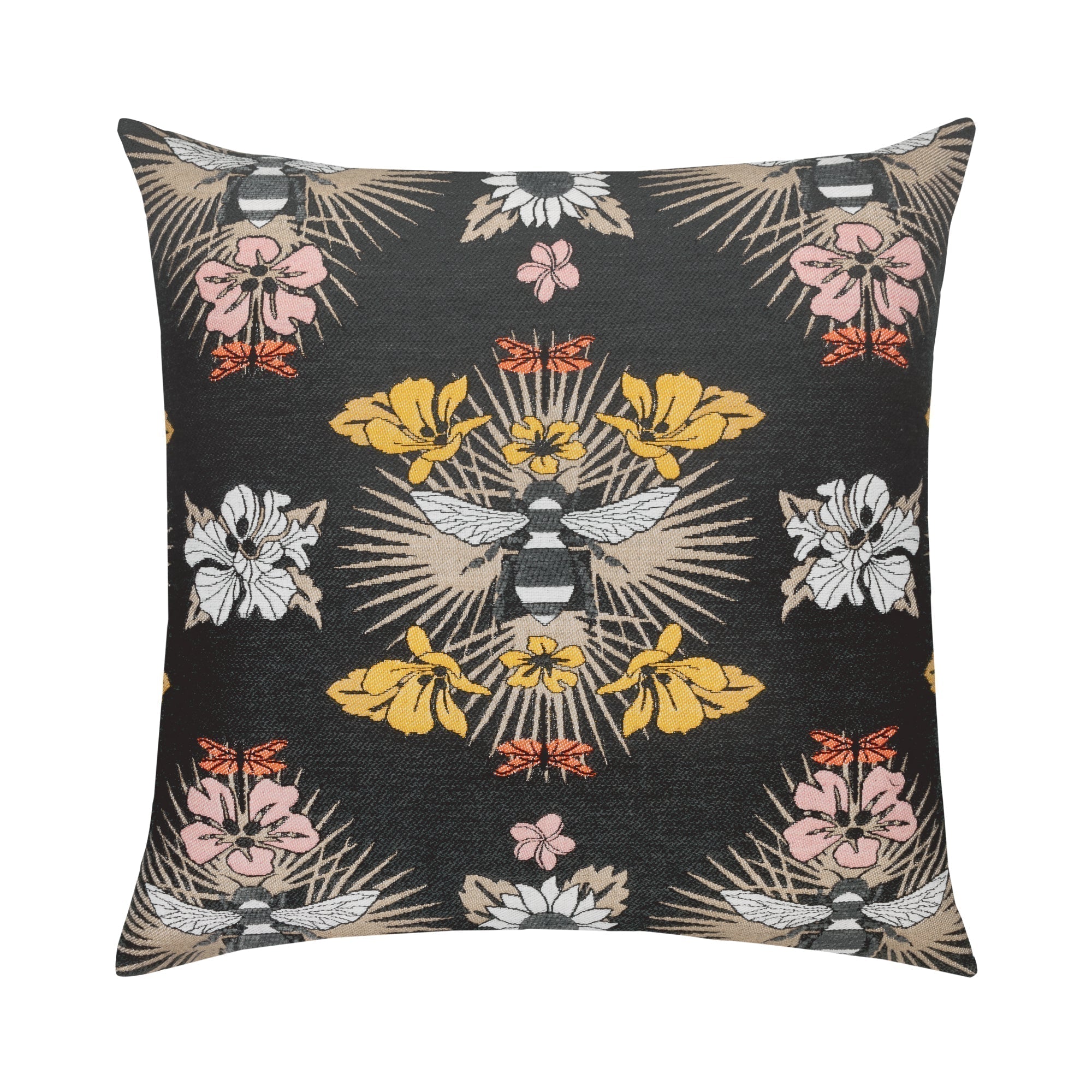 Black outdoor pillow with botanical bee pattern square size for dramatic patio decor