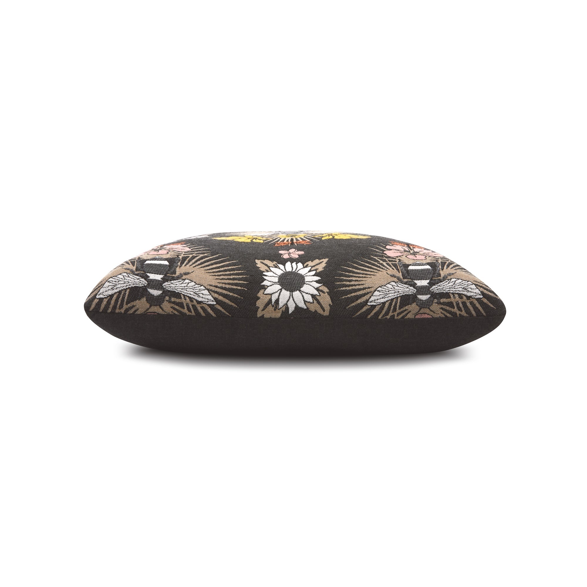Side image of Black outdoor pillow with botanical bee pattern square size for dramatic patio decor