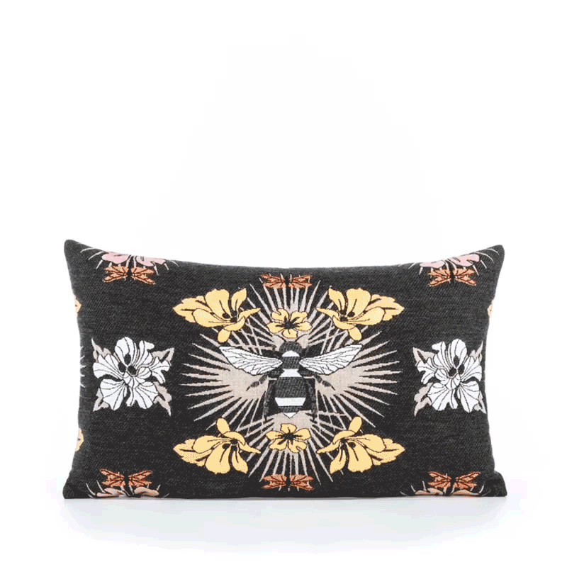360 video of Black outdoor pillow with botanical bee pattern lumbar size for dramatic patio decor
