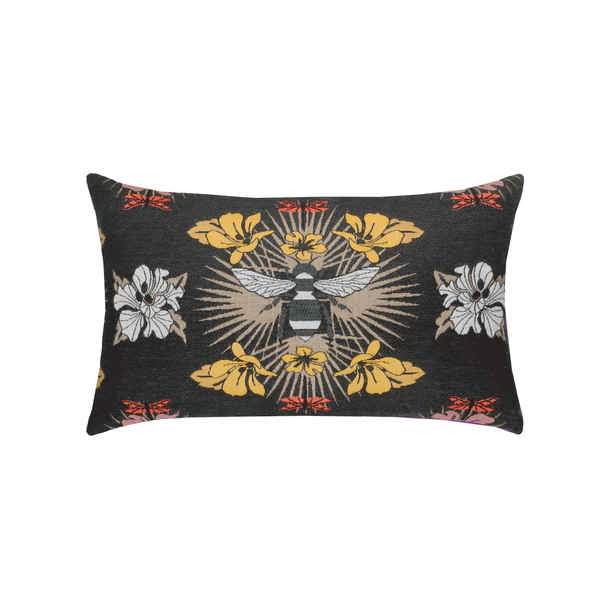 Black outdoor pillow with botanical bee pattern lumbar size for dramatic patio decor