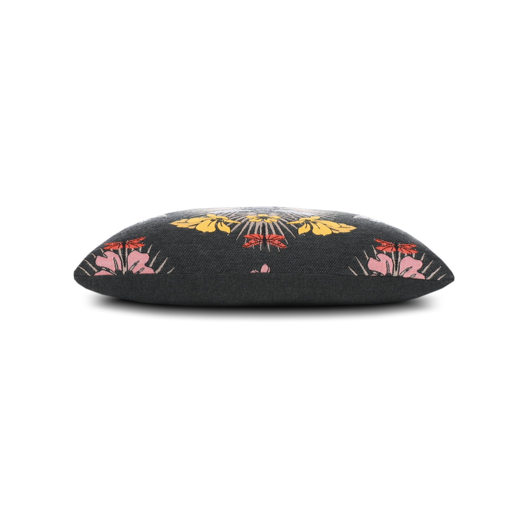 Side image of Black outdoor pillow with botanical bee pattern lumbar size for dramatic patio decor