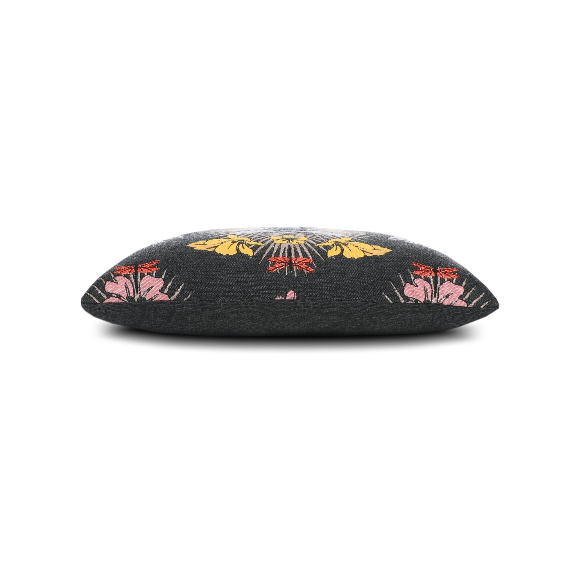 Side image of Black outdoor pillow with botanical bee pattern lumbar size for dramatic patio decor
