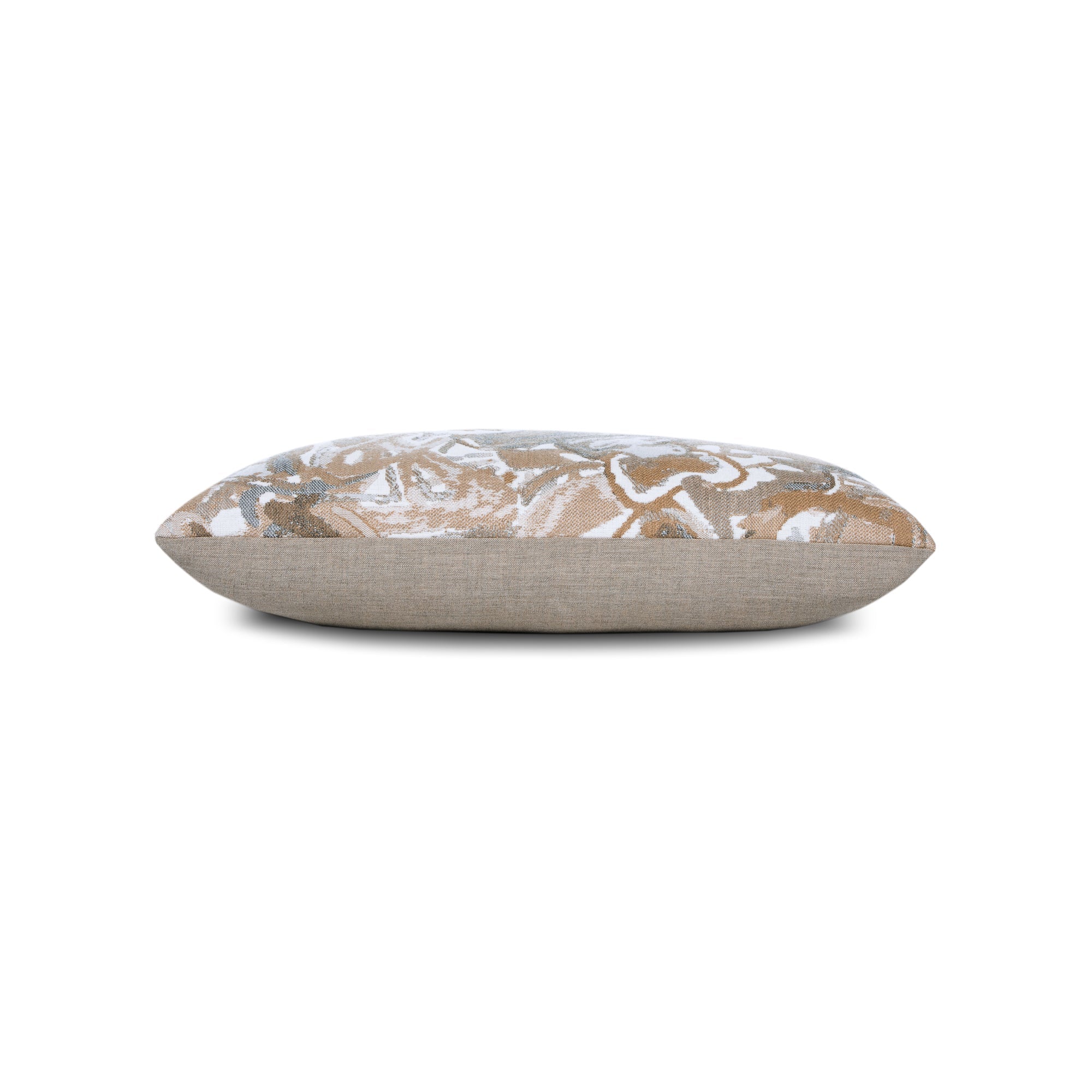 Side image of Brown and gray abstract pillow lumbar size for sophisticated indoor and outdoor decor