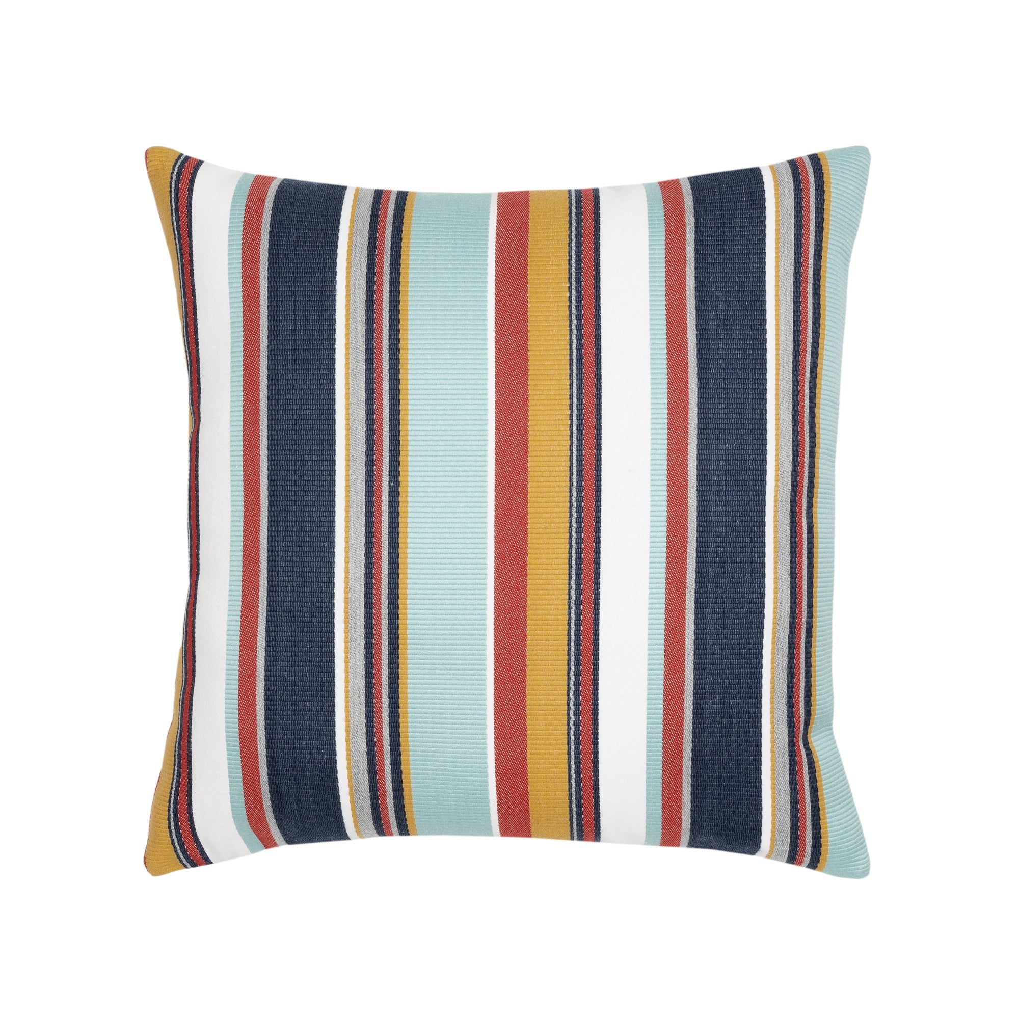 Pillow made from Bold multicolor stripe outdoor safe woven fabric with Mediterranean flair – Sicily Stripe by Elaine Smith