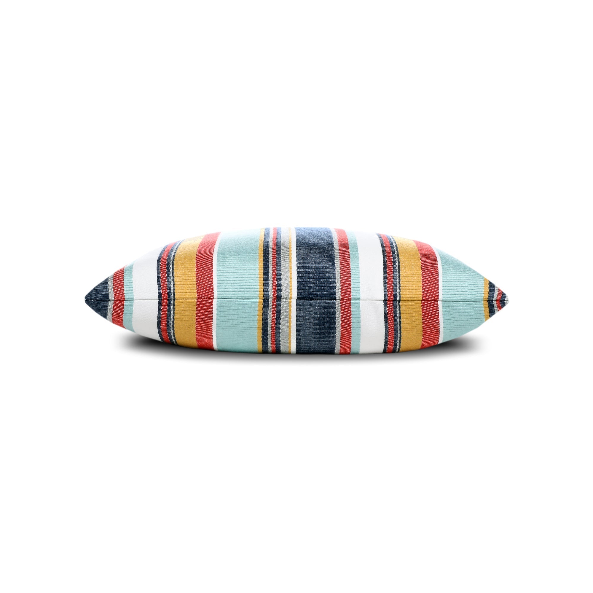 Side image of Red and indigo striped pillow square size for chic indoor and outdoor decor