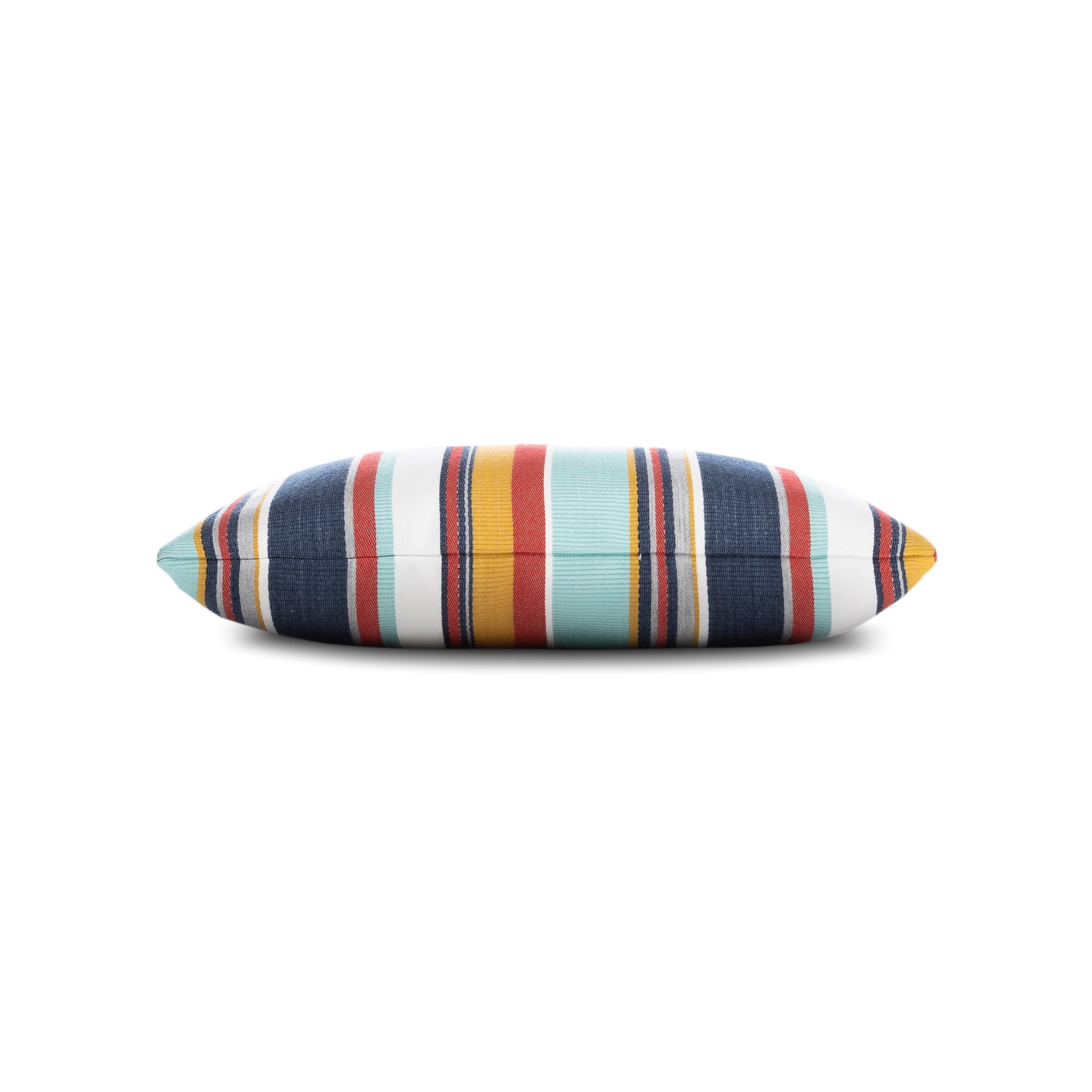 Side image of red and indigo striped pillow for elegant indoor and outdoor décor