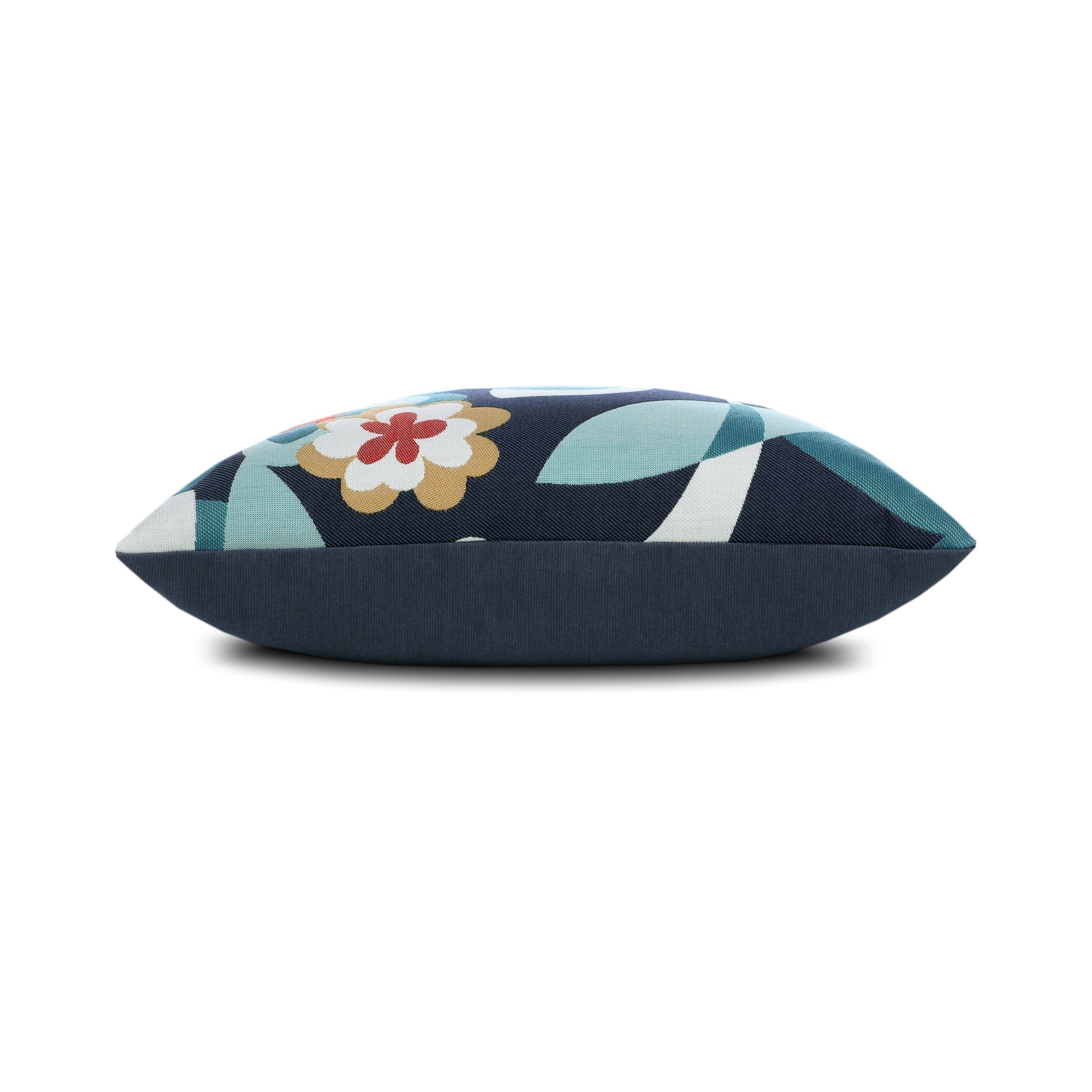 Side image of Navy outdoor pillow with abstract design square size for contemporary patio decor