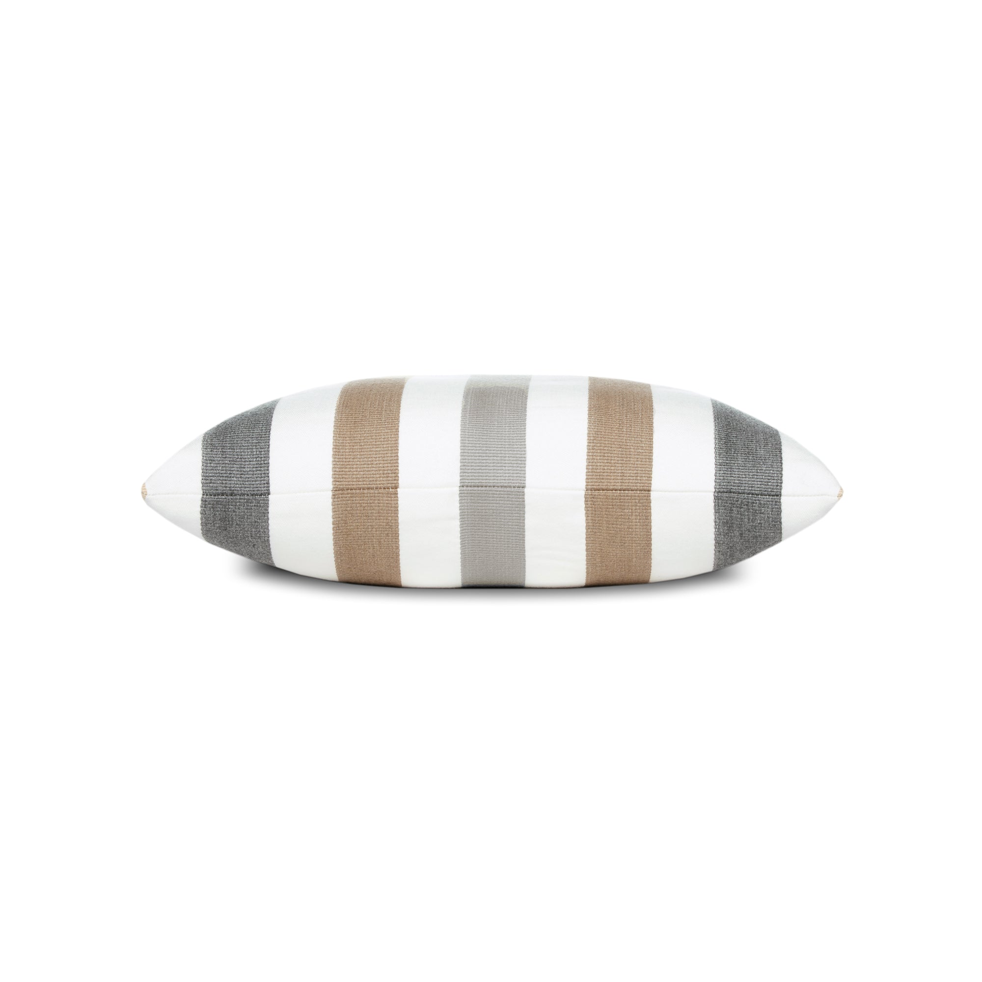 Side image of Neutral striped pillow, square size for outdoor décor