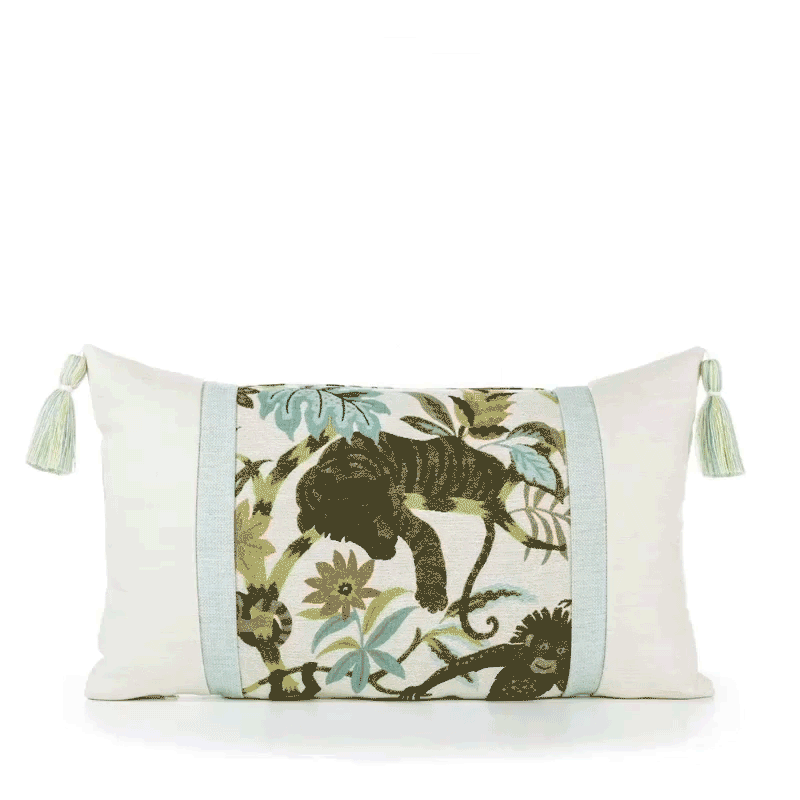 360 video of Botanical patterned outdoor pillow lumbar size for artistic indoor and outdoor decor