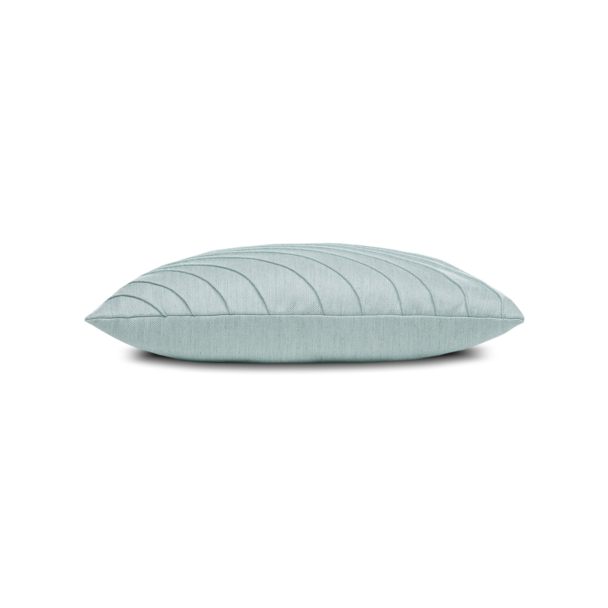 Side image of light blue textured pillow square size for nautical indoor and outdoor decor