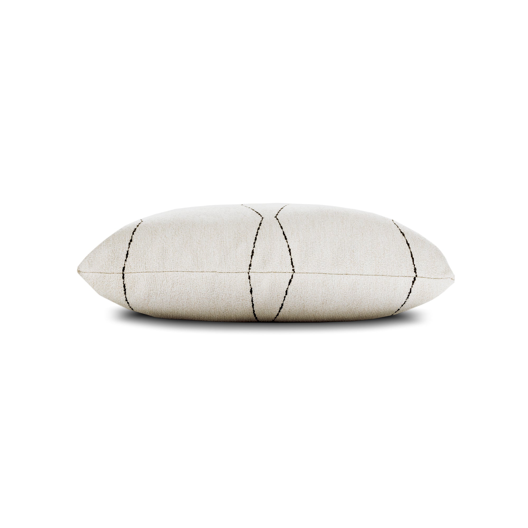 Side image of Ivory textured pillow with black abstract design in square size for neutral indoor and outdoor decor by Elaine Smith