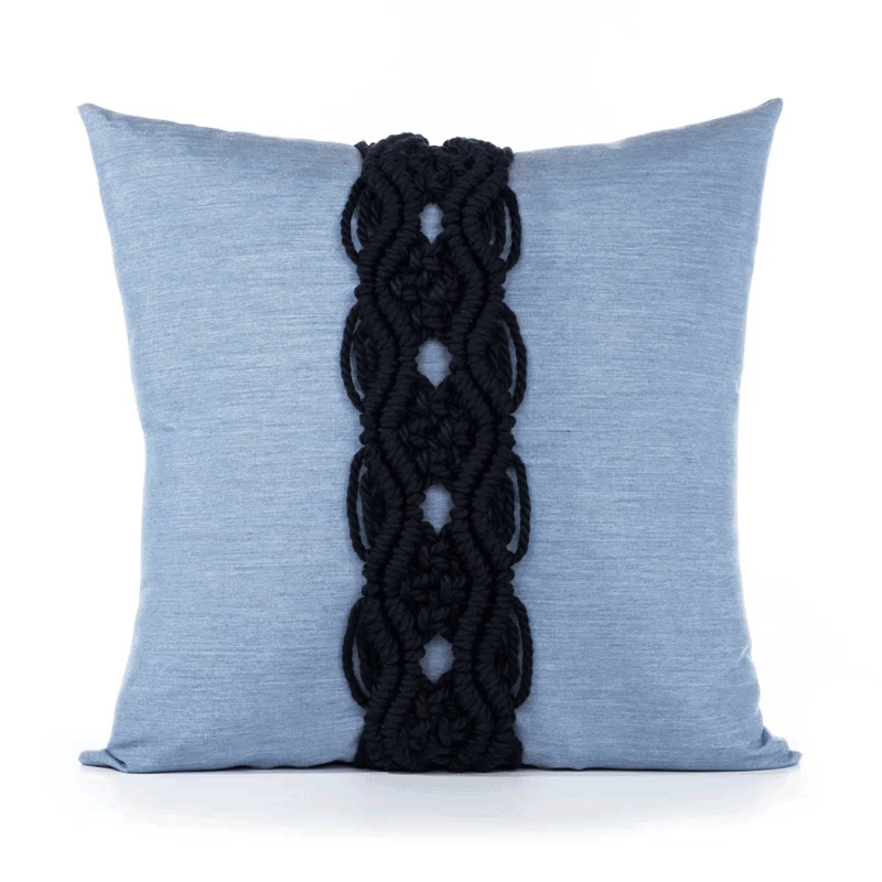 360 video of Blue pillow with dark blue macrame detailing as center band, square size for bold indoor and outdoor decor
