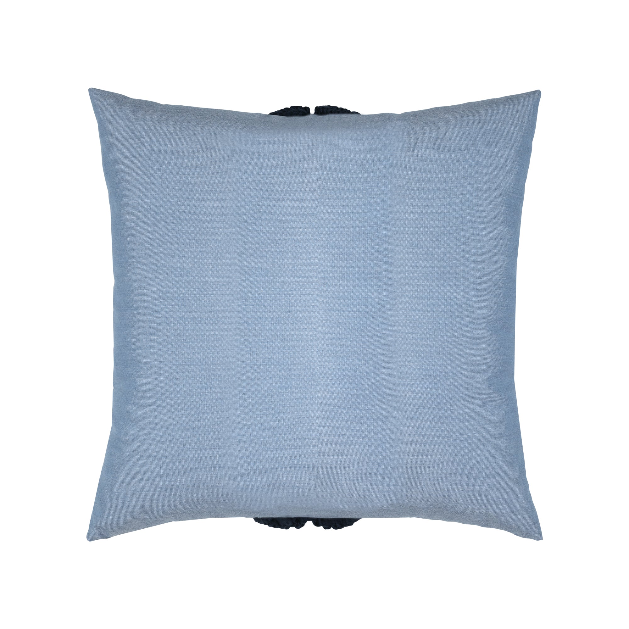 Back image of Blue pillow with dark blue macrame detailing as center band, square size for bold indoor and outdoor decor