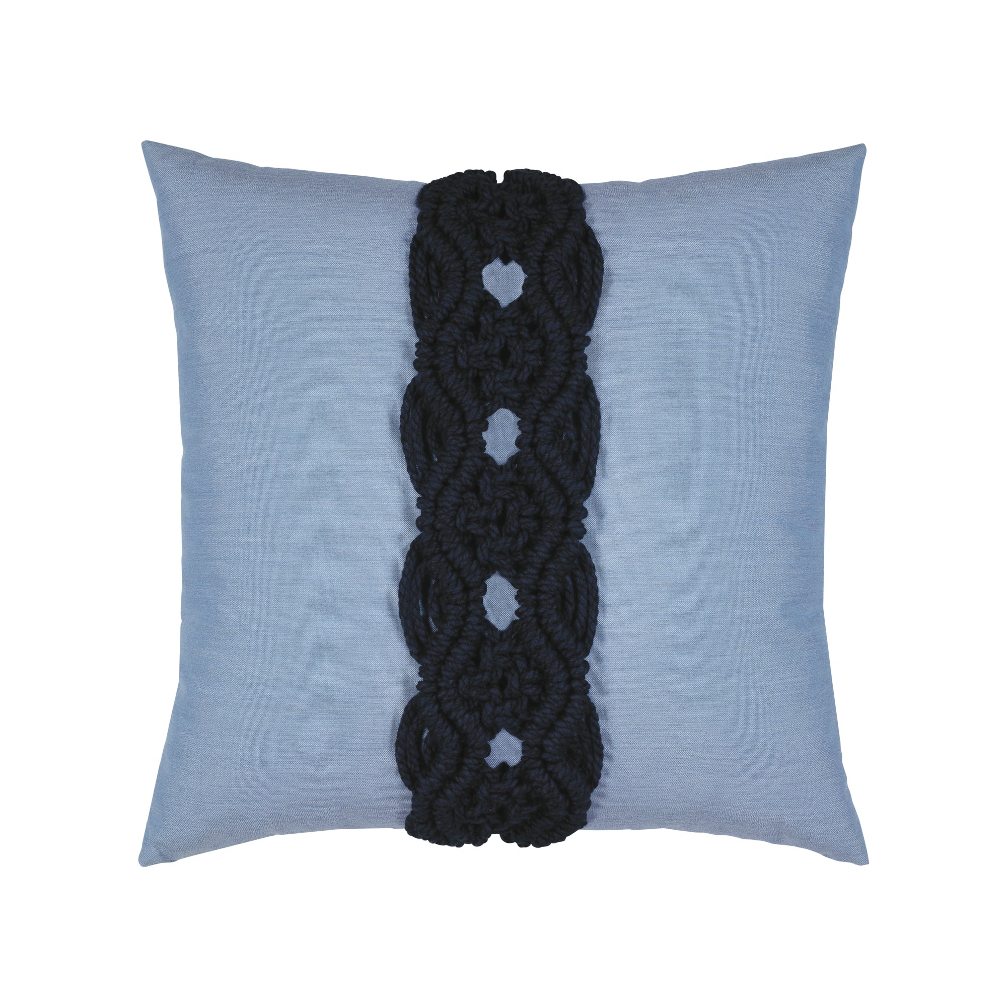 Blue pillow with dark blue macrame detailing as center band, square size for bold indoor and outdoor decor
