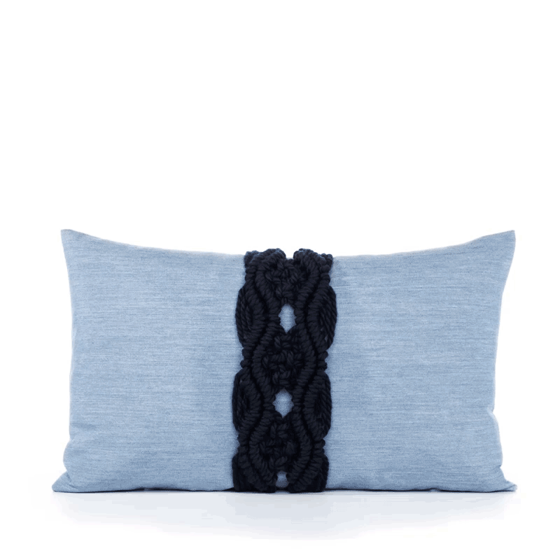 360 video of Blue pillow with dark blue macrame detailing as center band, lumbar size for bold indoor and outdoor decor