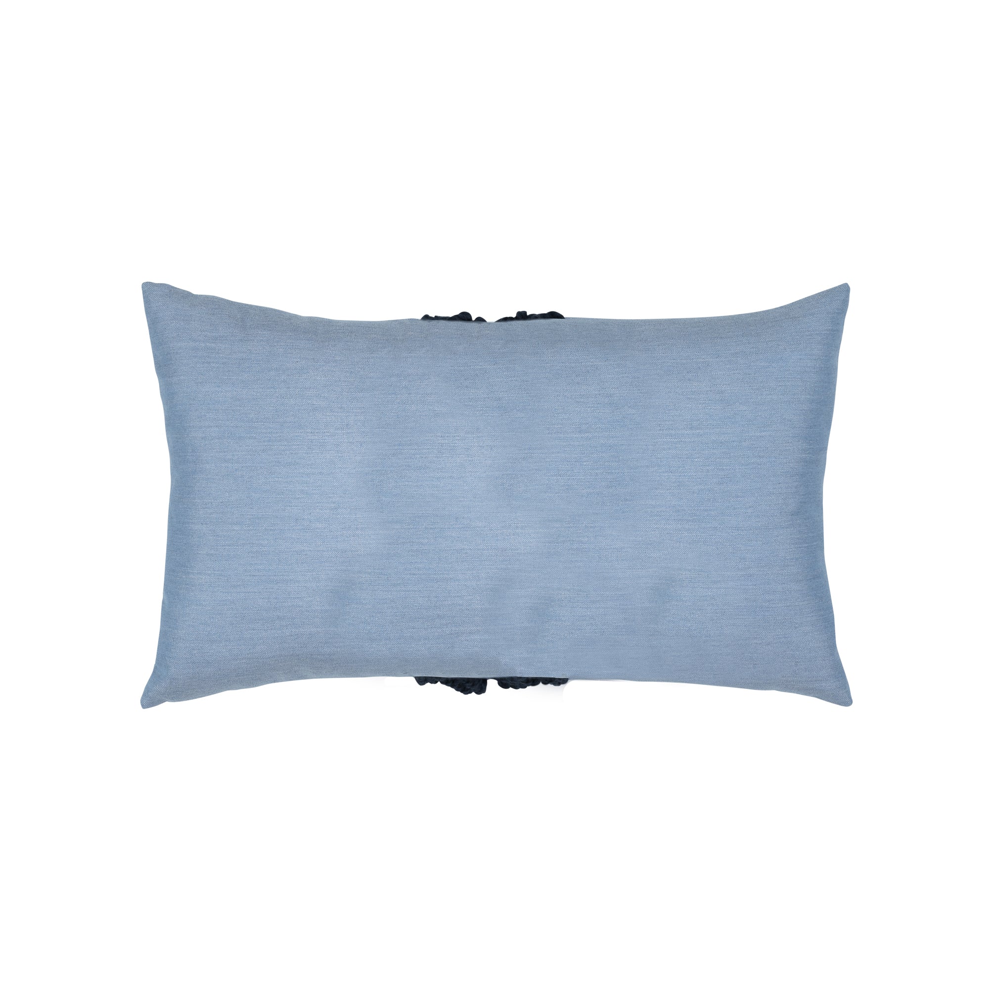Back image of Blue pillow with dark blue macrame detailing as center band, lumbar size for bold indoor and outdoor decor