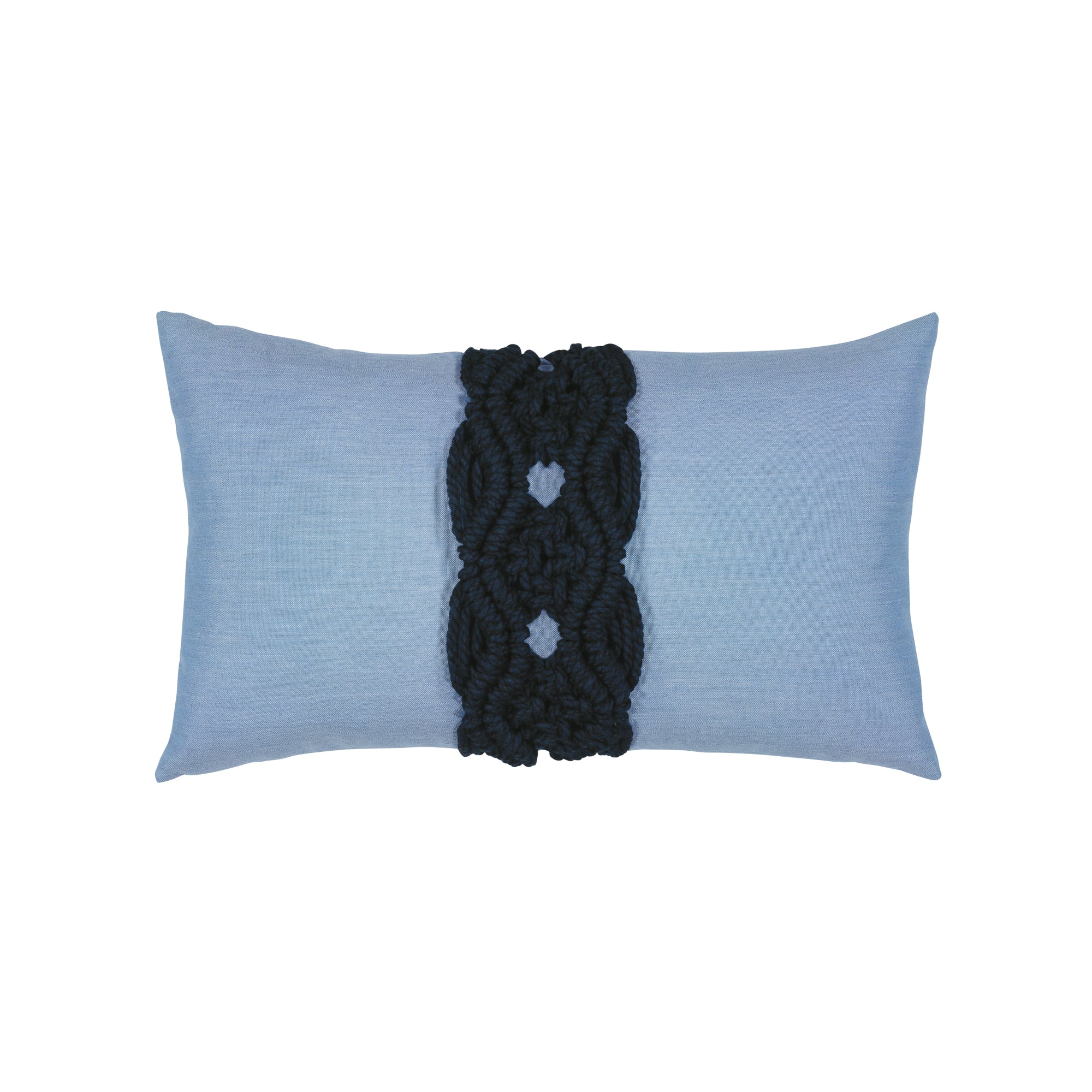 Blue pillow with dark blue macrame detailing as center band, lumbar size for bold indoor and outdoor decor