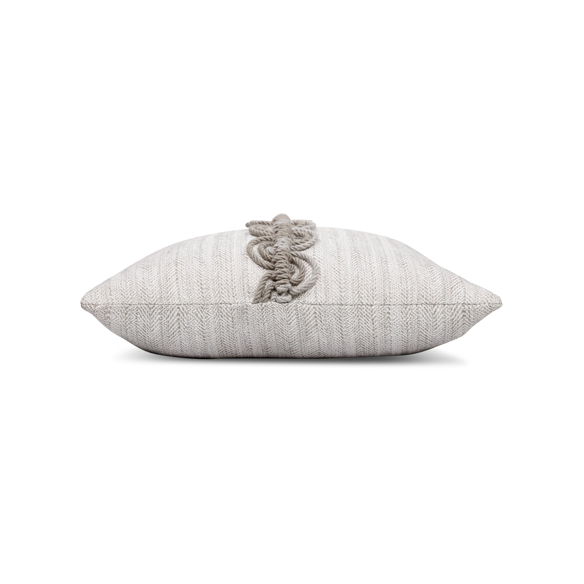 Side image of Taupe outdoor pillow with stripe pattern, square size for transitional outdoor decor