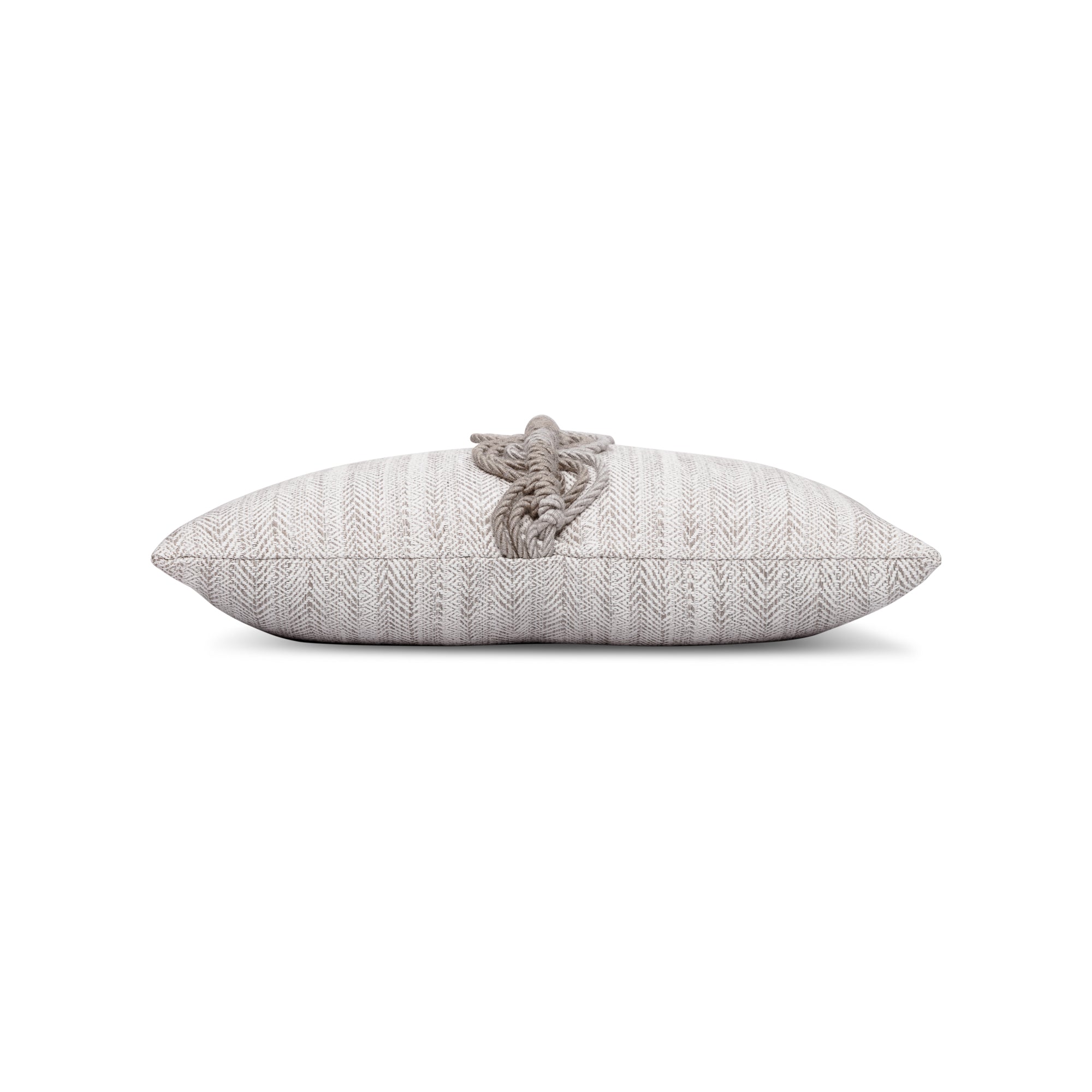 Side image of Taupe outdoor pillow with stripe pattern, lumbar size for transitional outdoor decor