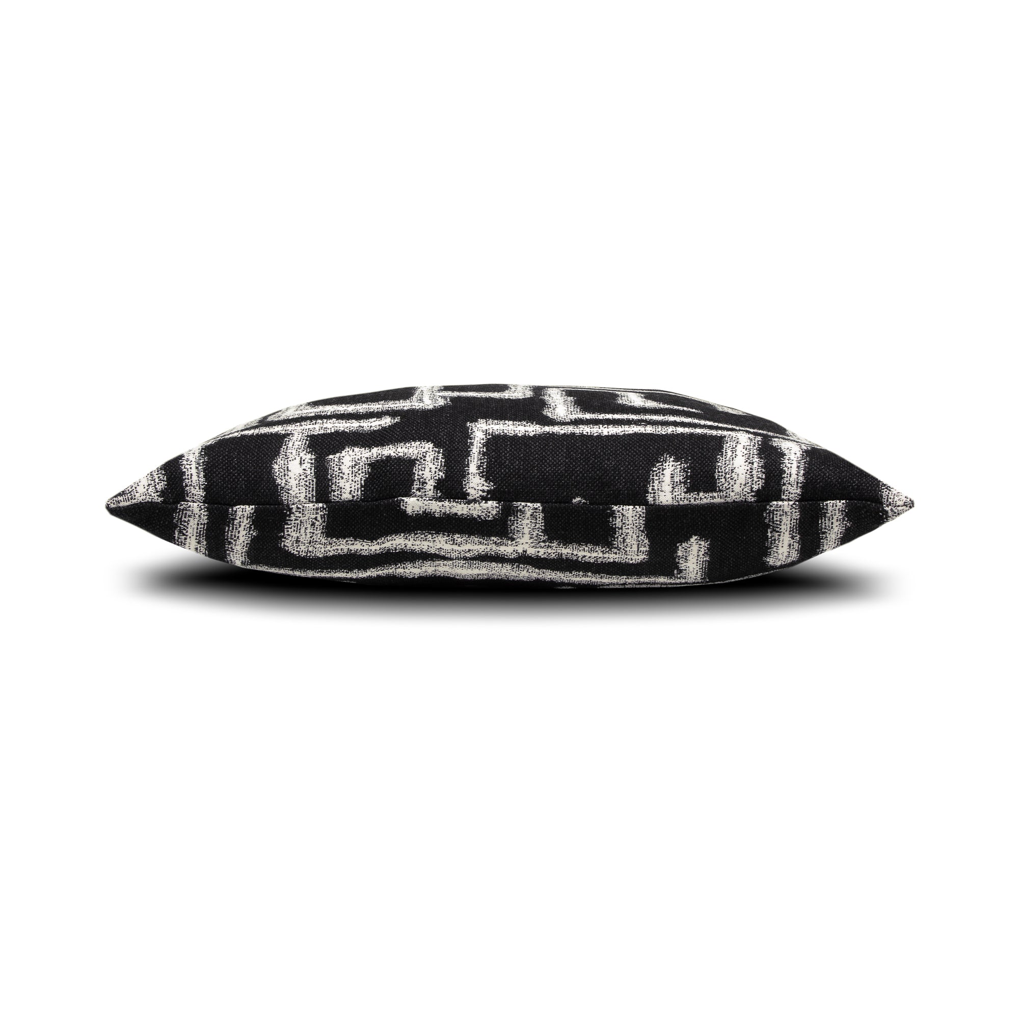 Side image of Black maze outdoor pillow square size for sophisticated patio decor by Elaine Smith