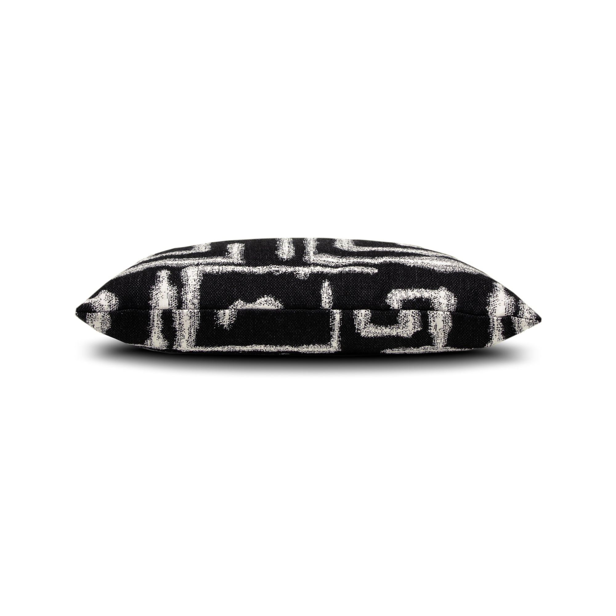 Side image of Black maze outdoor pillow lumbar size for bold patio decor