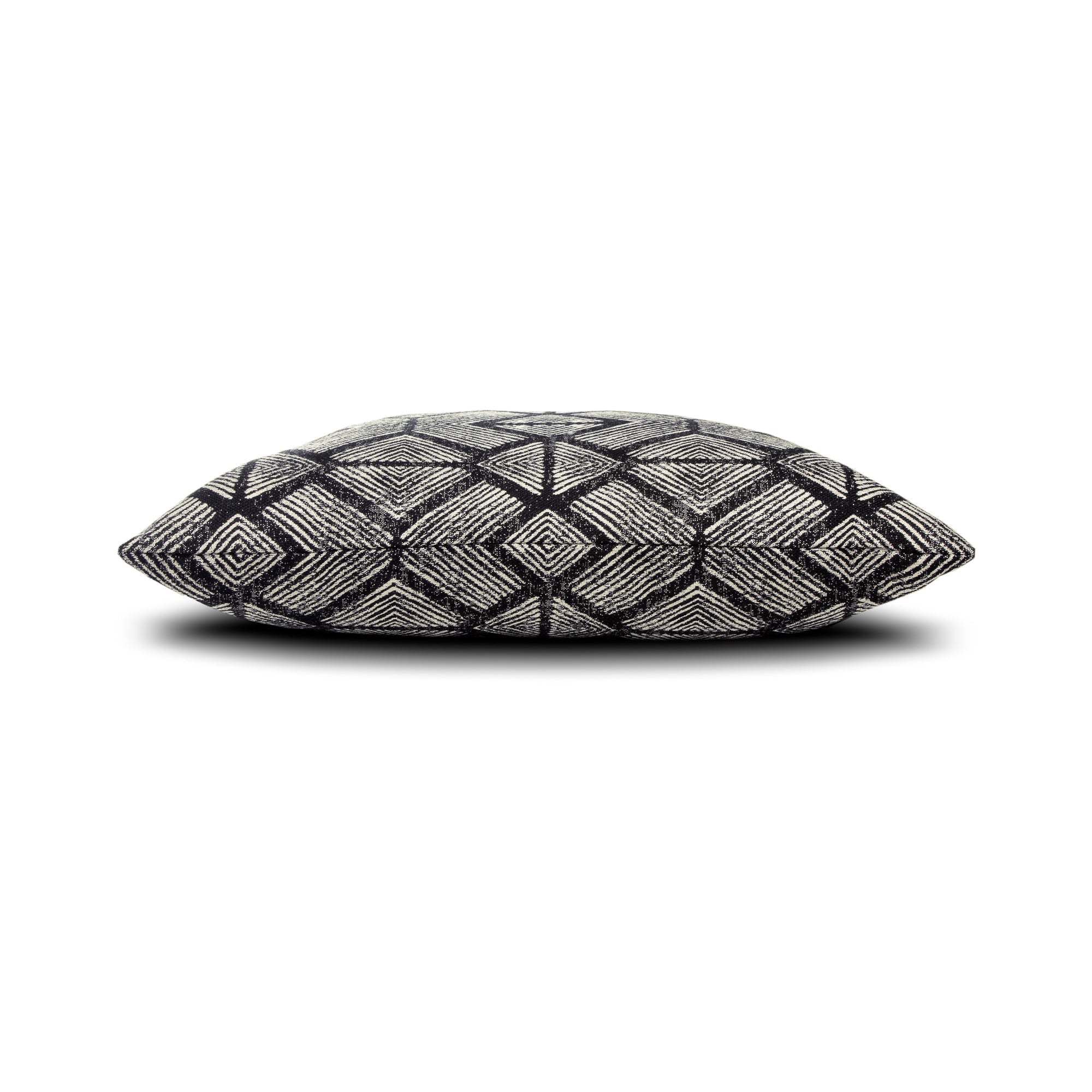 Side image of Charcoal gray and white damask-pattern outdoor pillow for classic outdoor elegance
