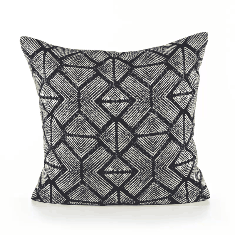 360 video of Charcoal black damask outdoor pillow with intricate pattern for upscale outdoor seating