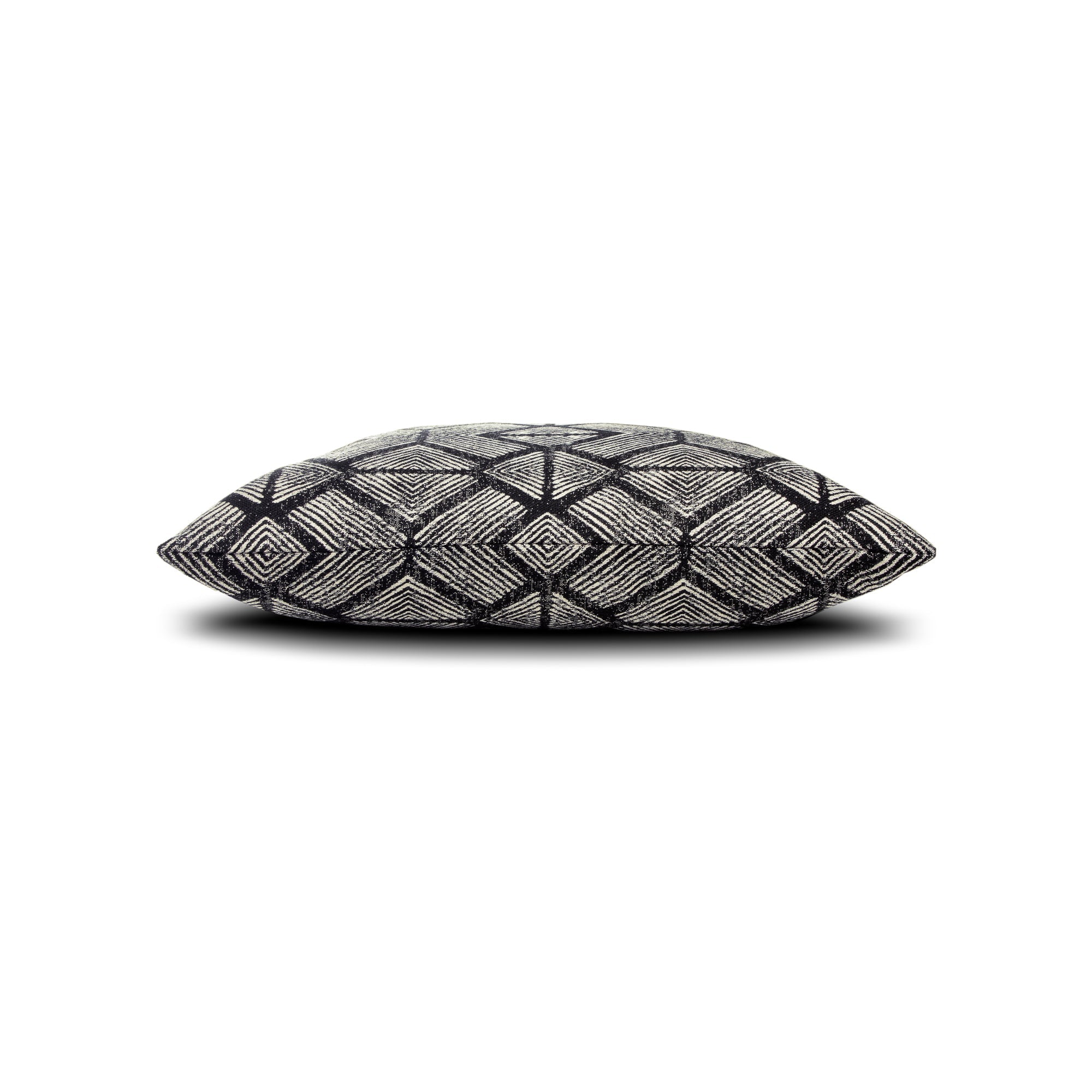 Side image of Charcoal black damask outdoor pillow with intricate pattern for upscale outdoor seating