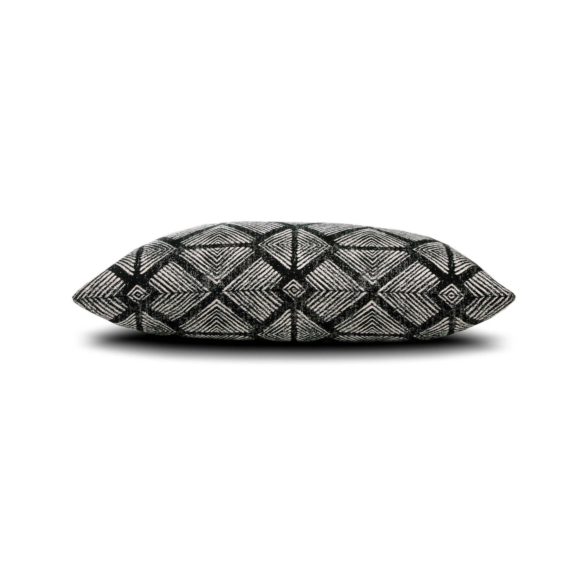 Side image of Black damask outdoor pillow for sophisticated patio decor by Elaine Smith