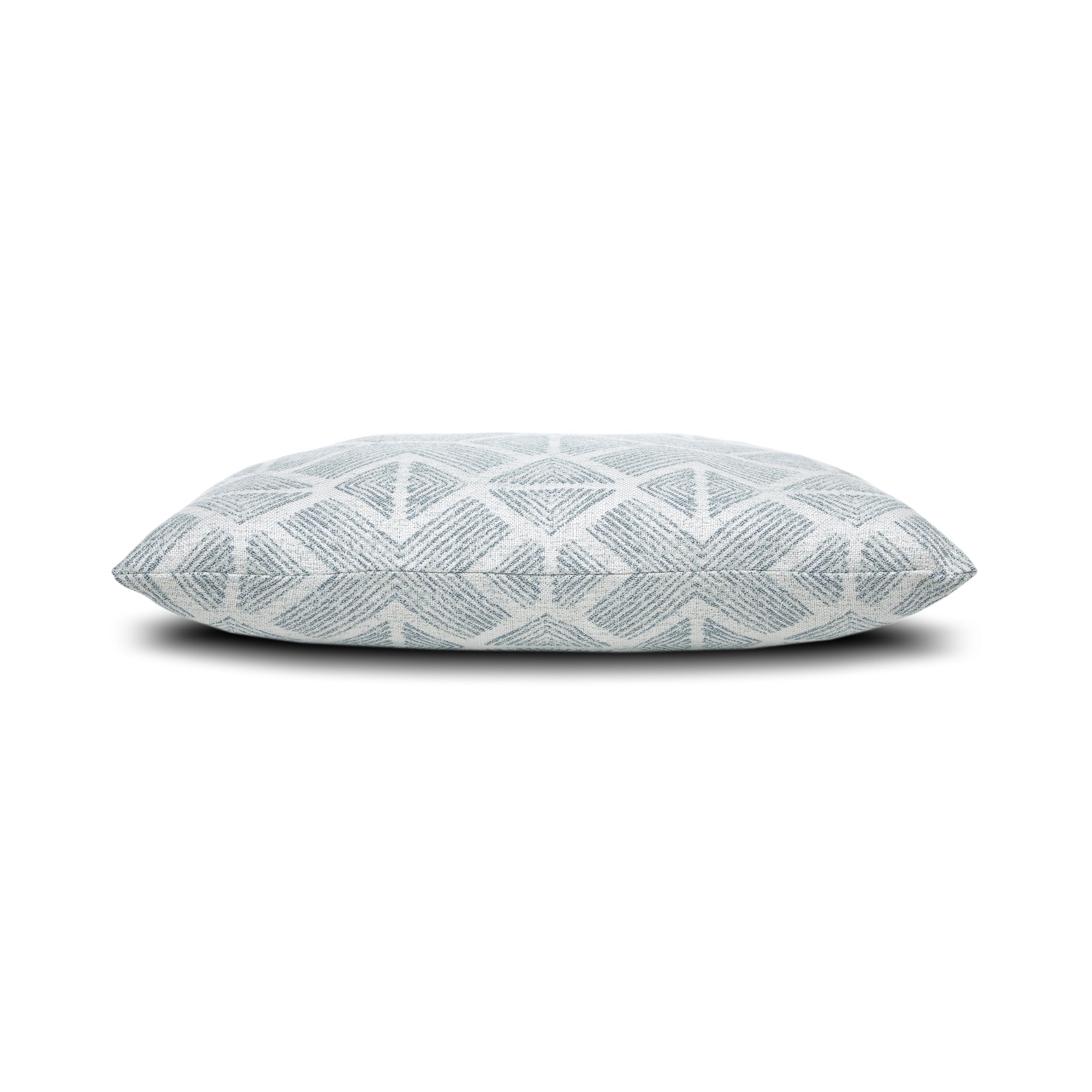 Side image of Light blue damask outdoor pillow for coastal-inspired outdoor design