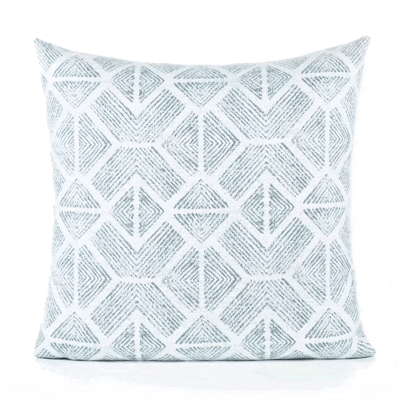 360 video of light blue gray damask outdoor pillow with intricate pattern for upscale outdoor seating