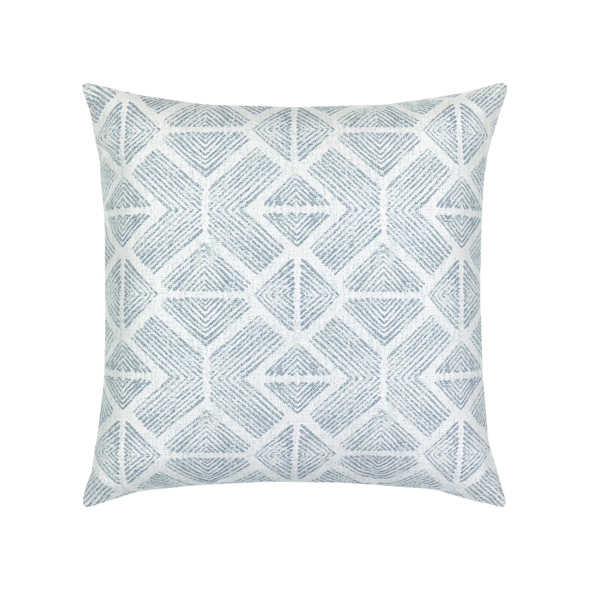 Pillow made from Textured outdoor safe fabric featuring geometric tribal patterns in stream blue - Bakuba Stream by Elaine Smith