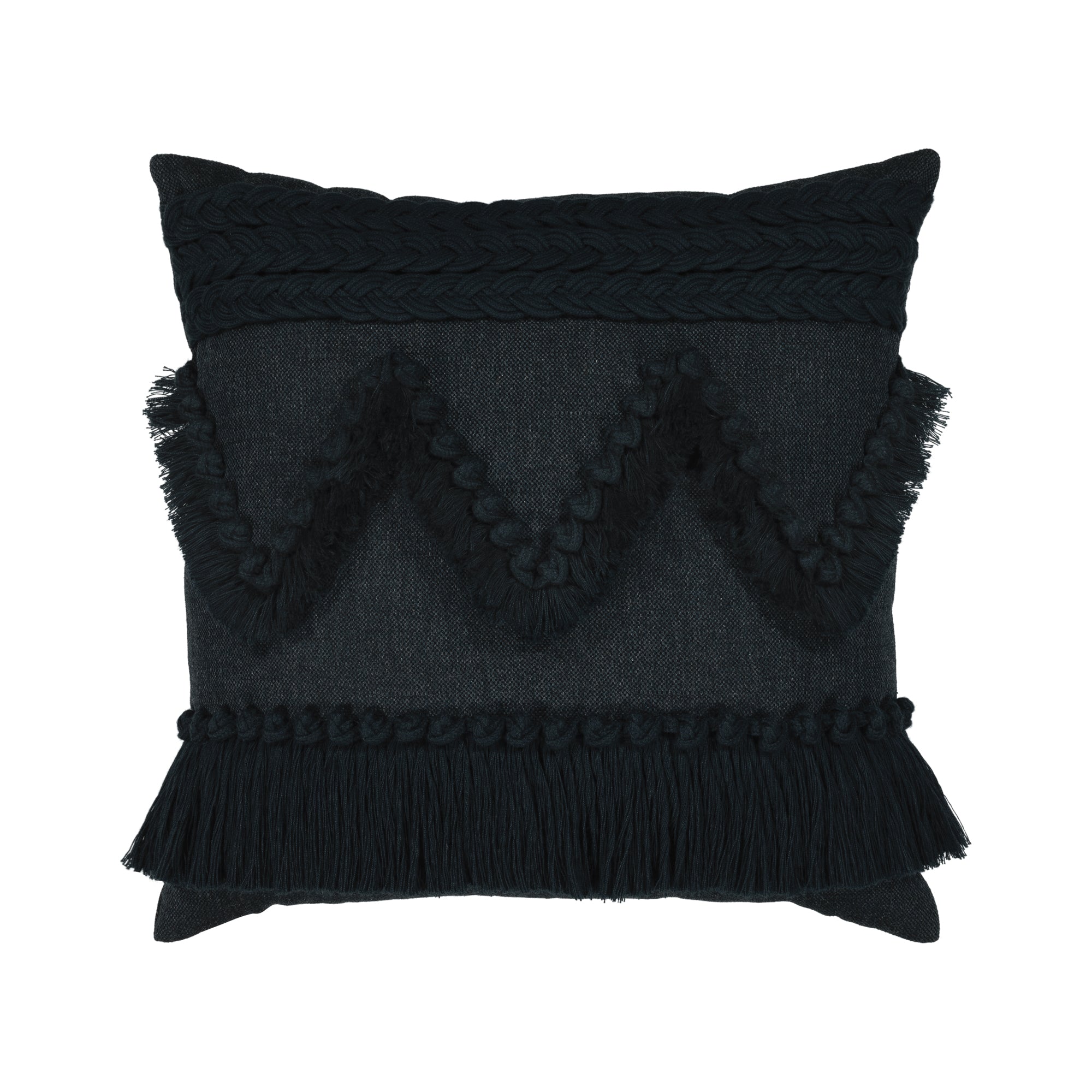 Indigo solid pillow with fringe accents in square size for chic indoor and outdoor decor