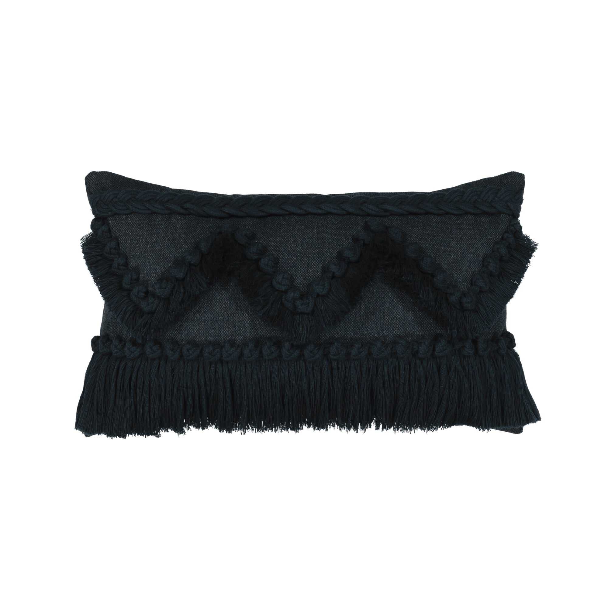 Indigo solid pillow with fringe accents in lumbar size for dramatic indoor and outdoor decor