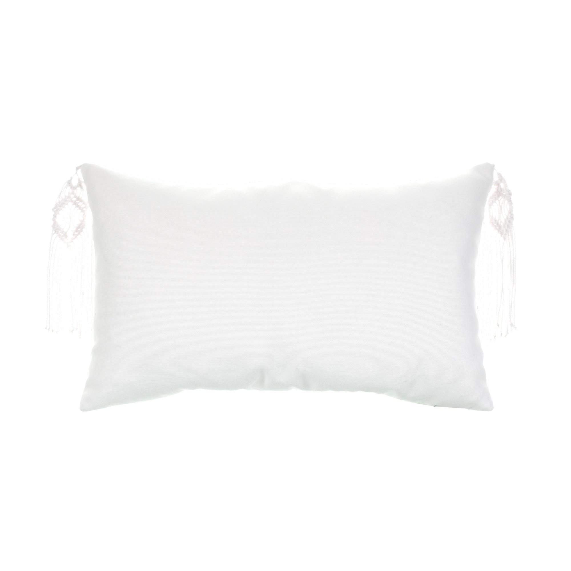 Back image of White textured outdoor pillow with fringe detailing in lumbar size for unique indoor and outdoor décor