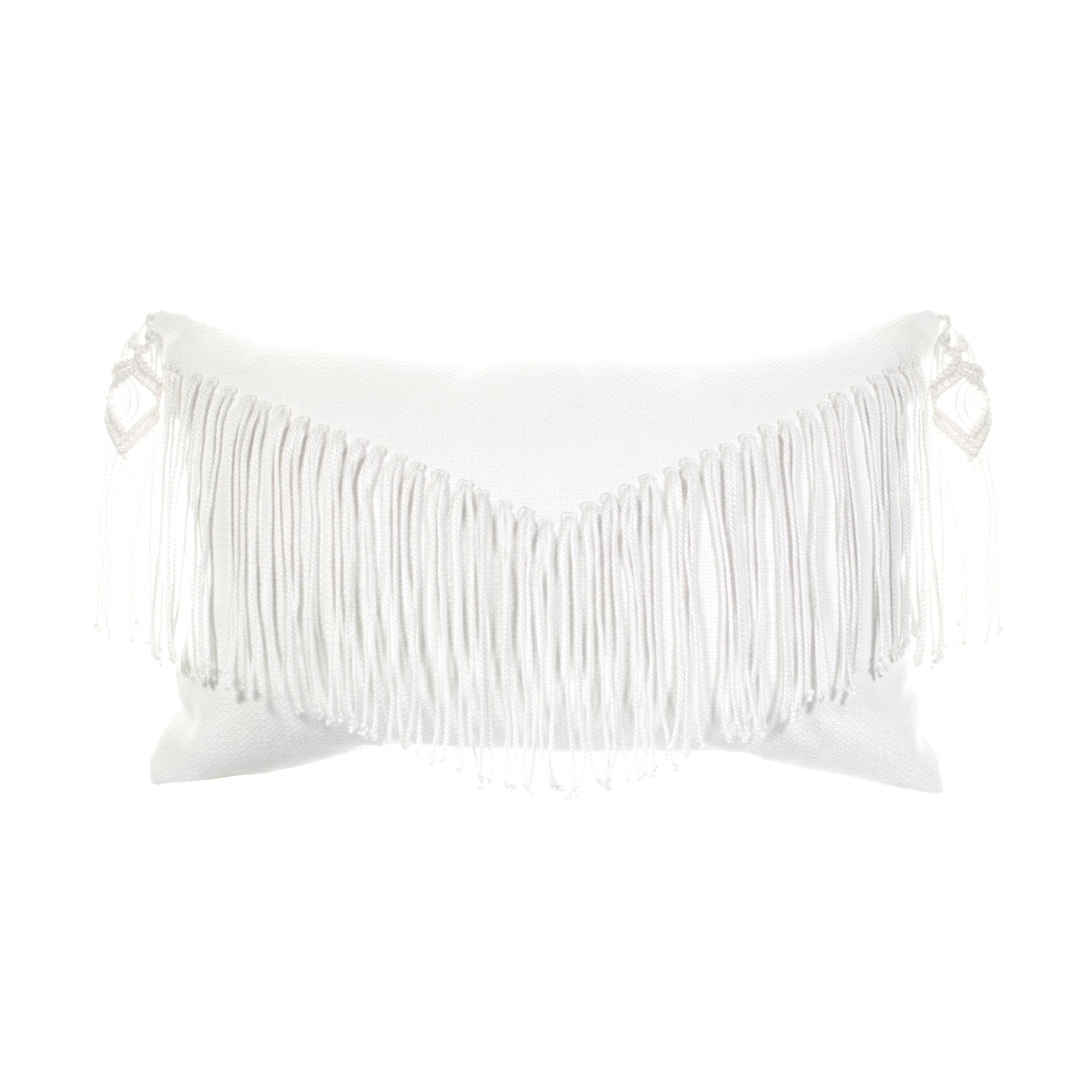 White textured outdoor pillow with fringe detailing in lumbar size for unique indoor and outdoor décor