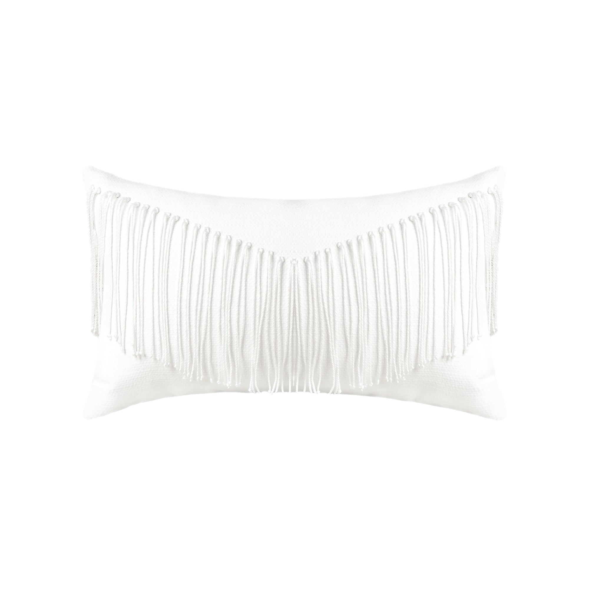 White textured outdoor pillow with fringe details and tassels on top corners for modern indoor and outdoor decor by Elaine Smith