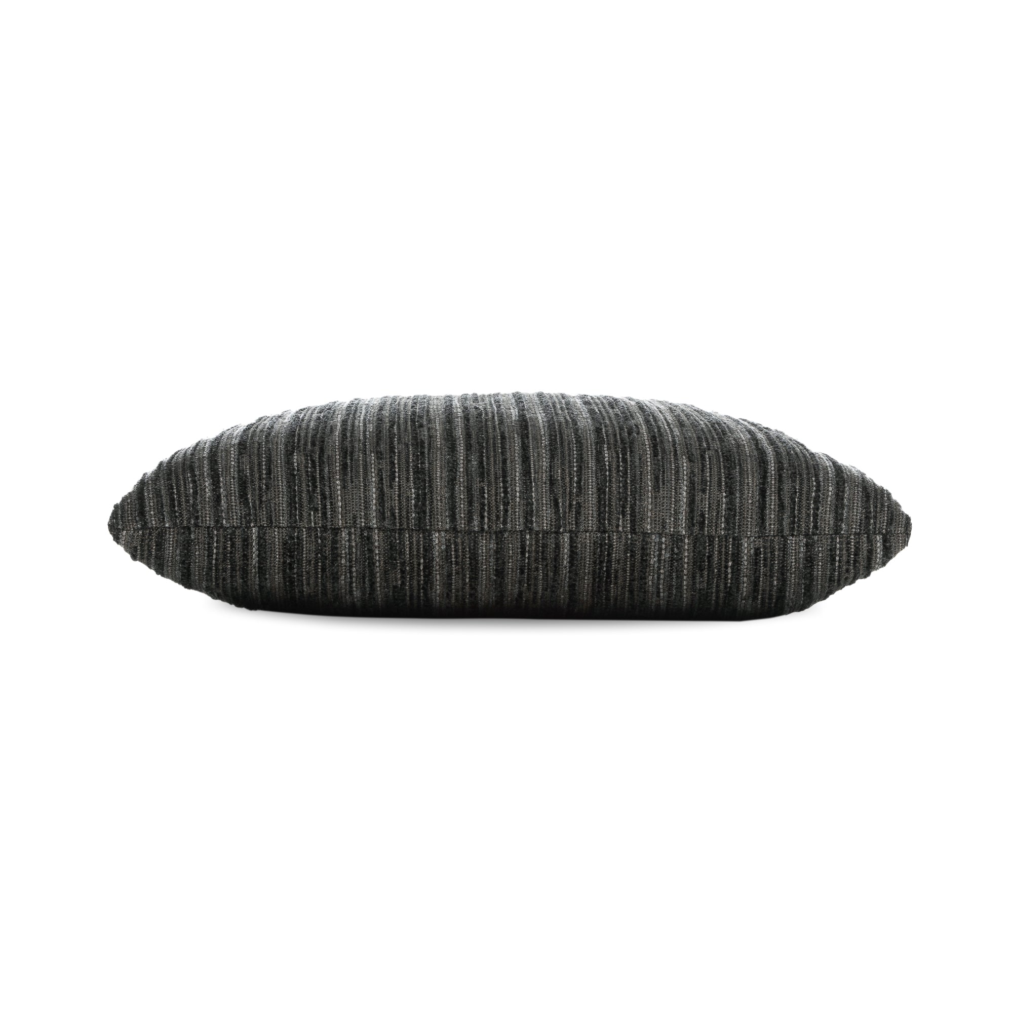 Side image of Black stripe with chenille outdoor pillow square size for transitional indoor and outdoor decor