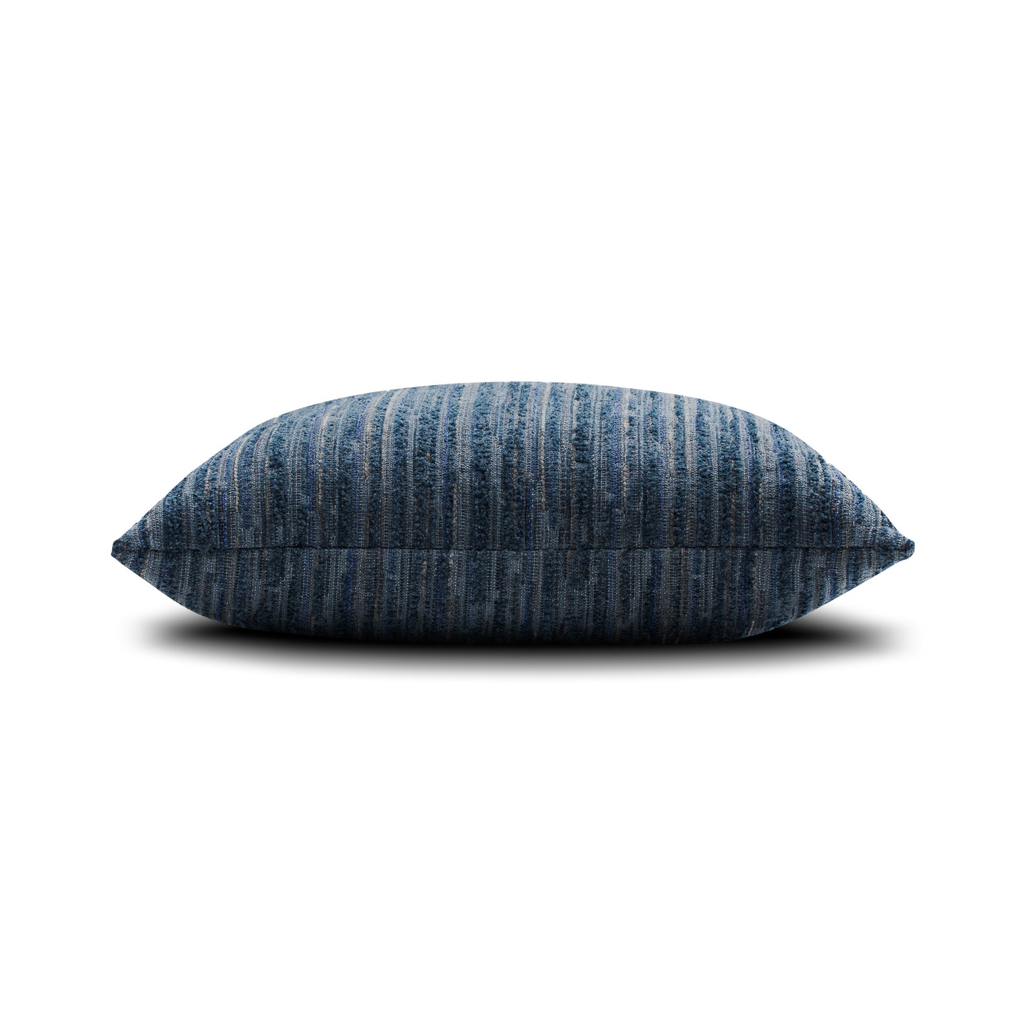 Side image of Indigo striped with chenille outdoor pillow square size for timeless indoor and outdoor decor